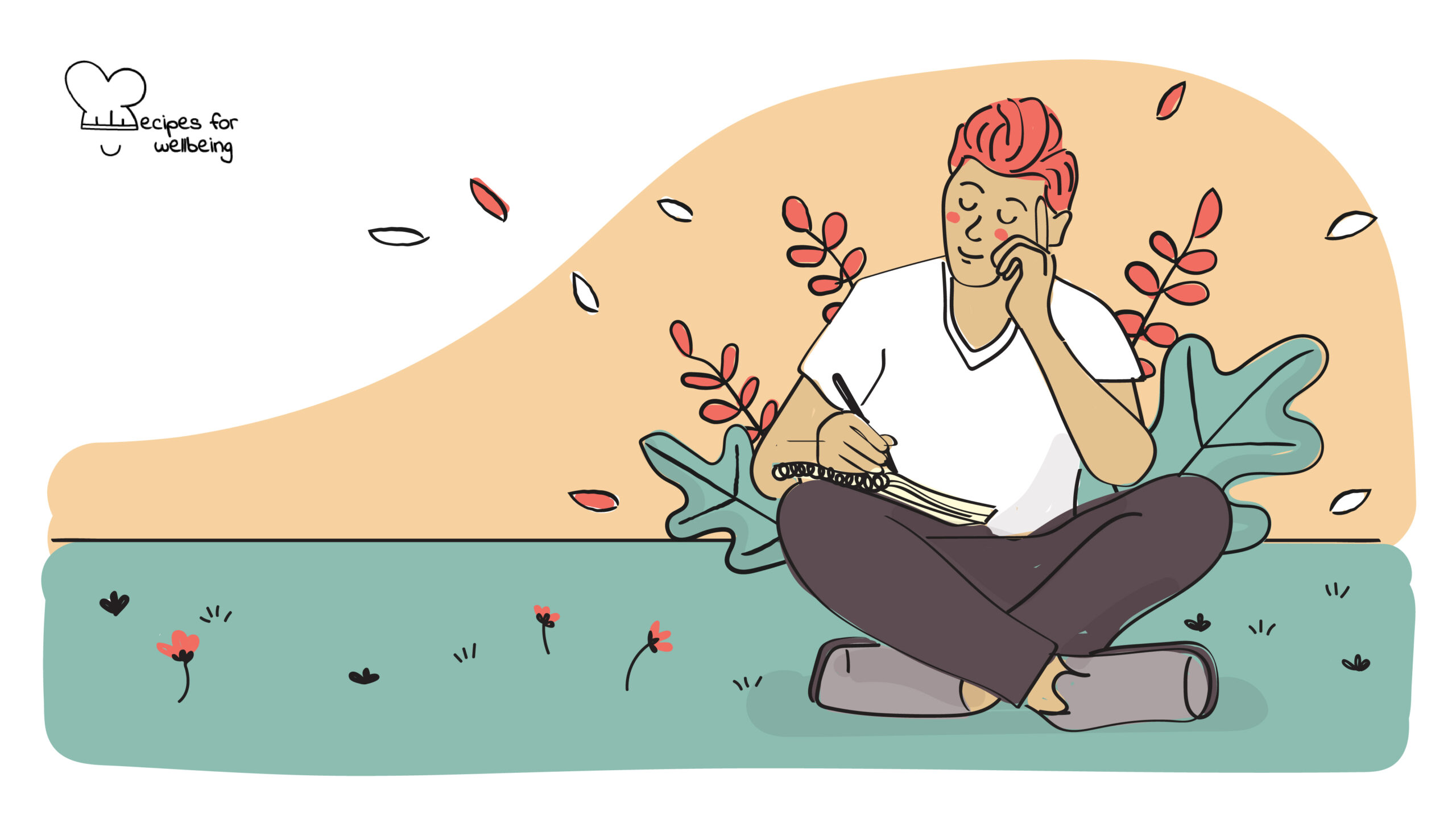 Unexpressed gratitude letter Illustration of a person writing a letter whilst sitting cross-legged outdoors. © Recipes for Wellbeing