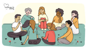 Unlimited empathy Illustration of a group of 8 people sitting in a circle outdoors. © Recipes for Wellbeing