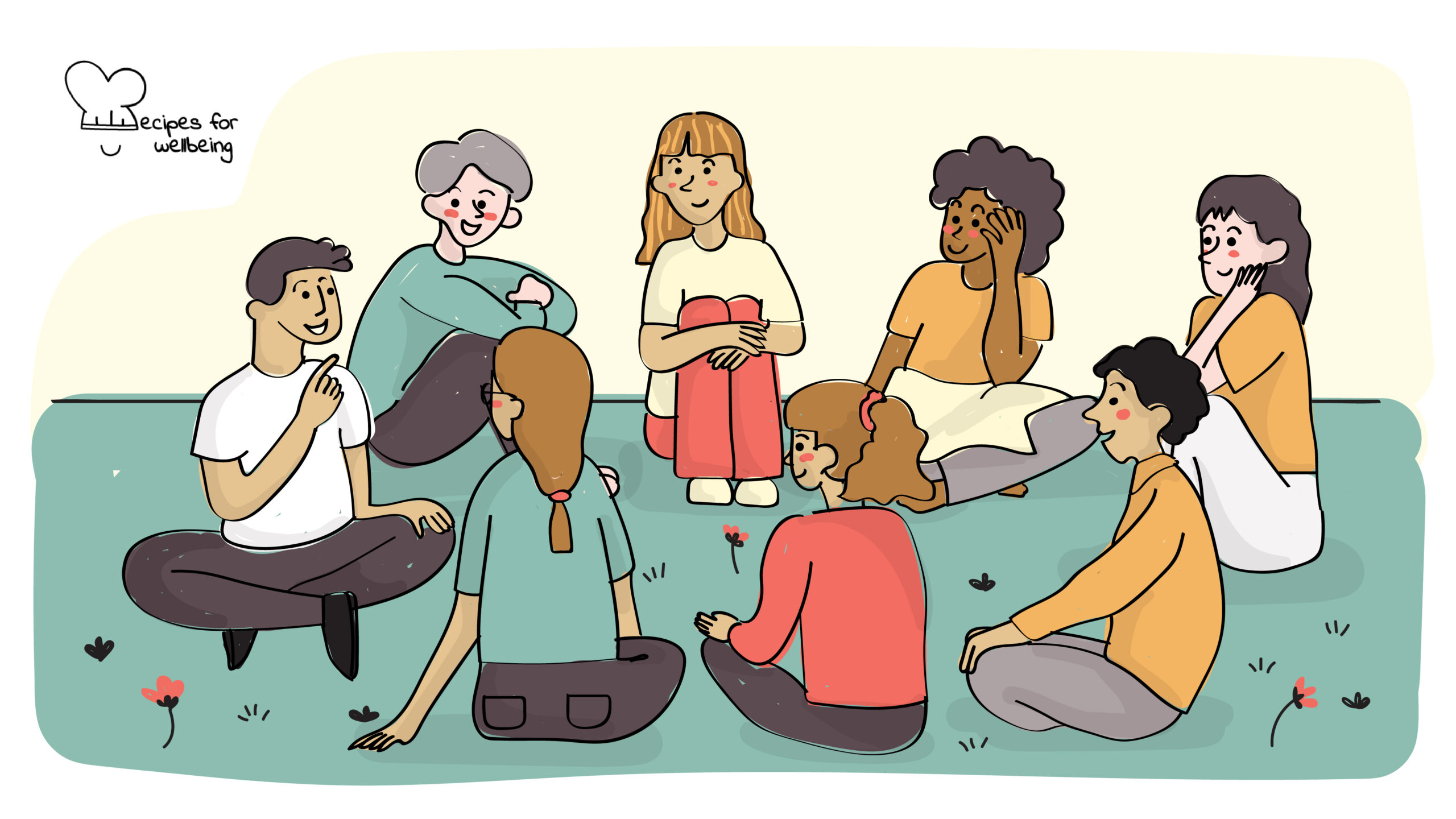 Unlimited empathy Illustration of a group of 8 people sitting in a circle outdoors. © Recipes for Wellbeing