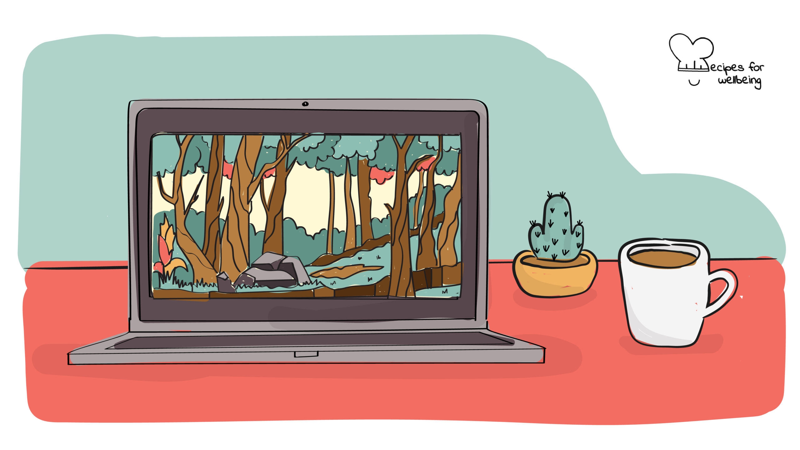 Virtual Nature walk Illustration of a laptop displaying a virtual Nature walk in the forest. © Recipes for Wellbeing