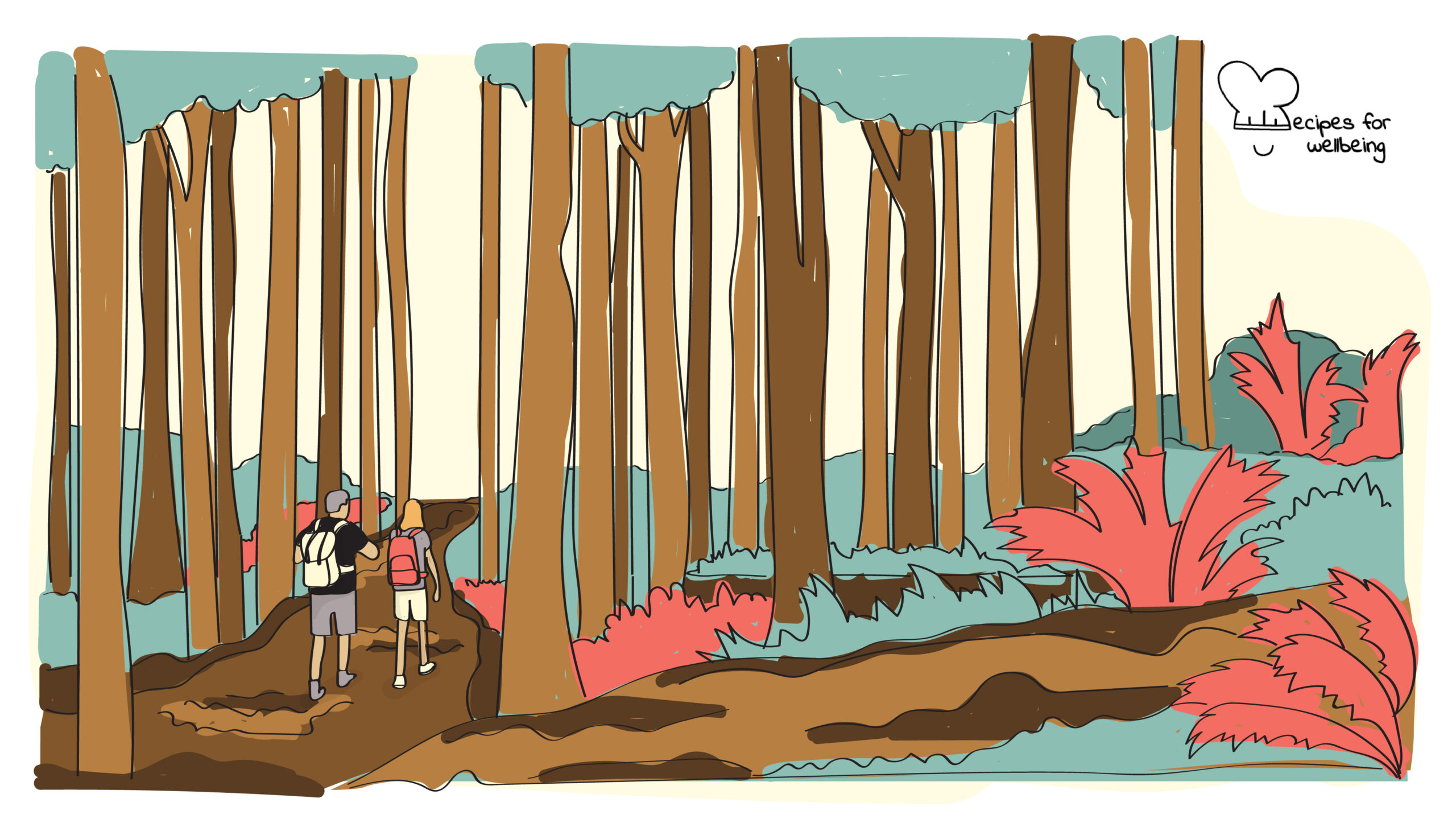 Walking meditation Illustration of two people walking in the woods. © Recipes for Wellbeing