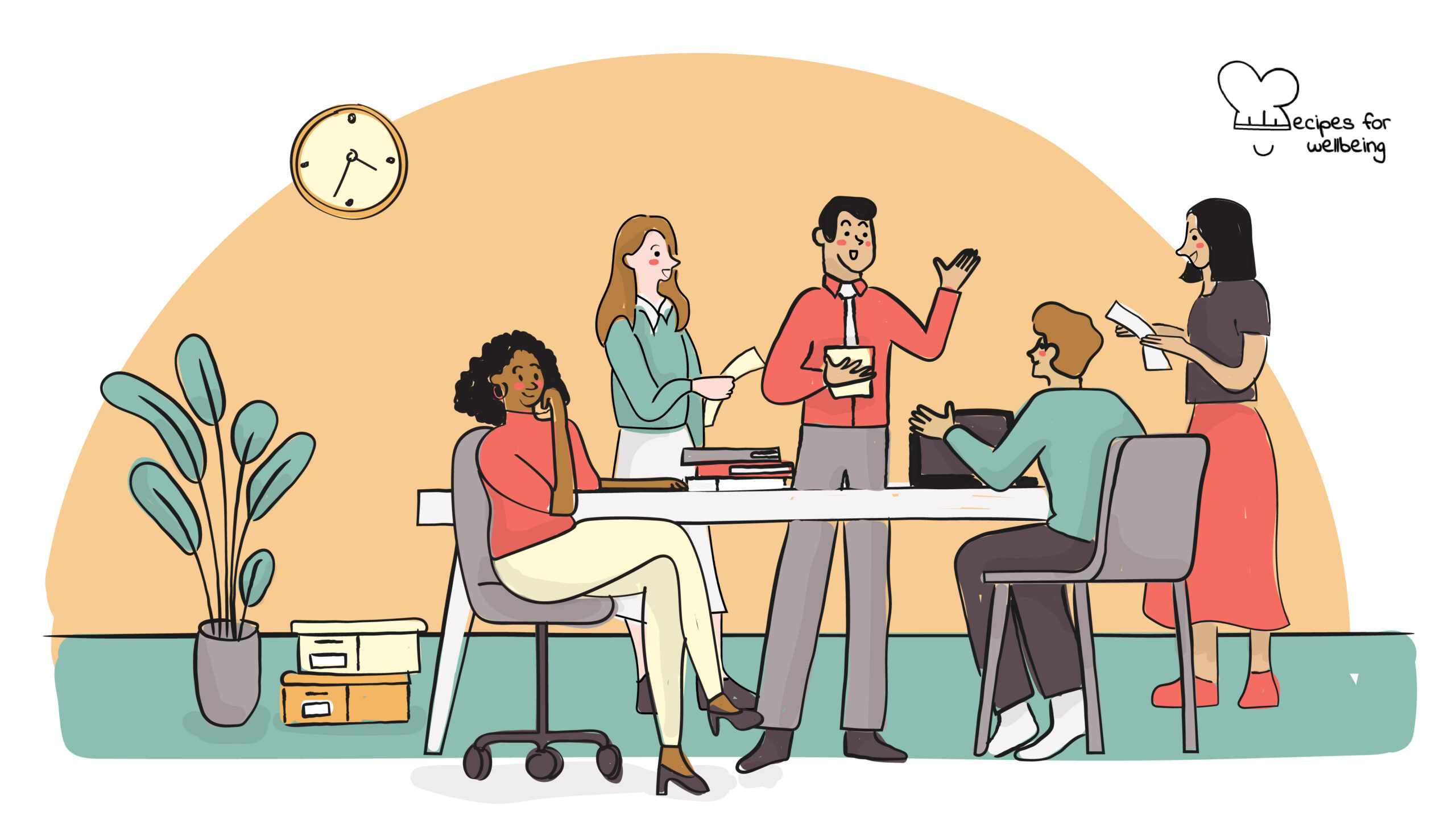 Wellbeing at work Illustration of 5 people sitting or standing around a table in an office setting. © Recipes for Wellbeing