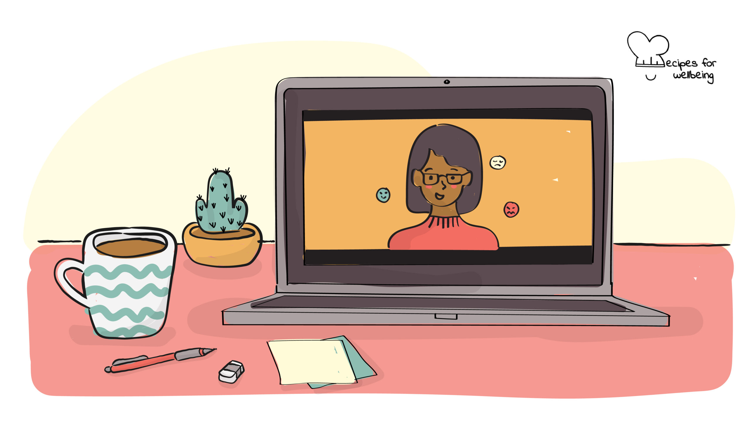 Wellbeing courses Illustration of laptop on a desk playing a video with a person speaking. © Recipes for Wellbeing