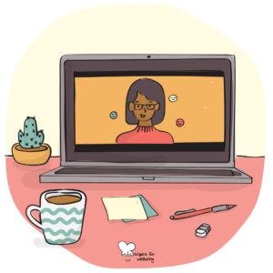 Wellbeing courses Illustration of laptop on a desk playing a video with a person speaking. © Recipes for Wellbeing