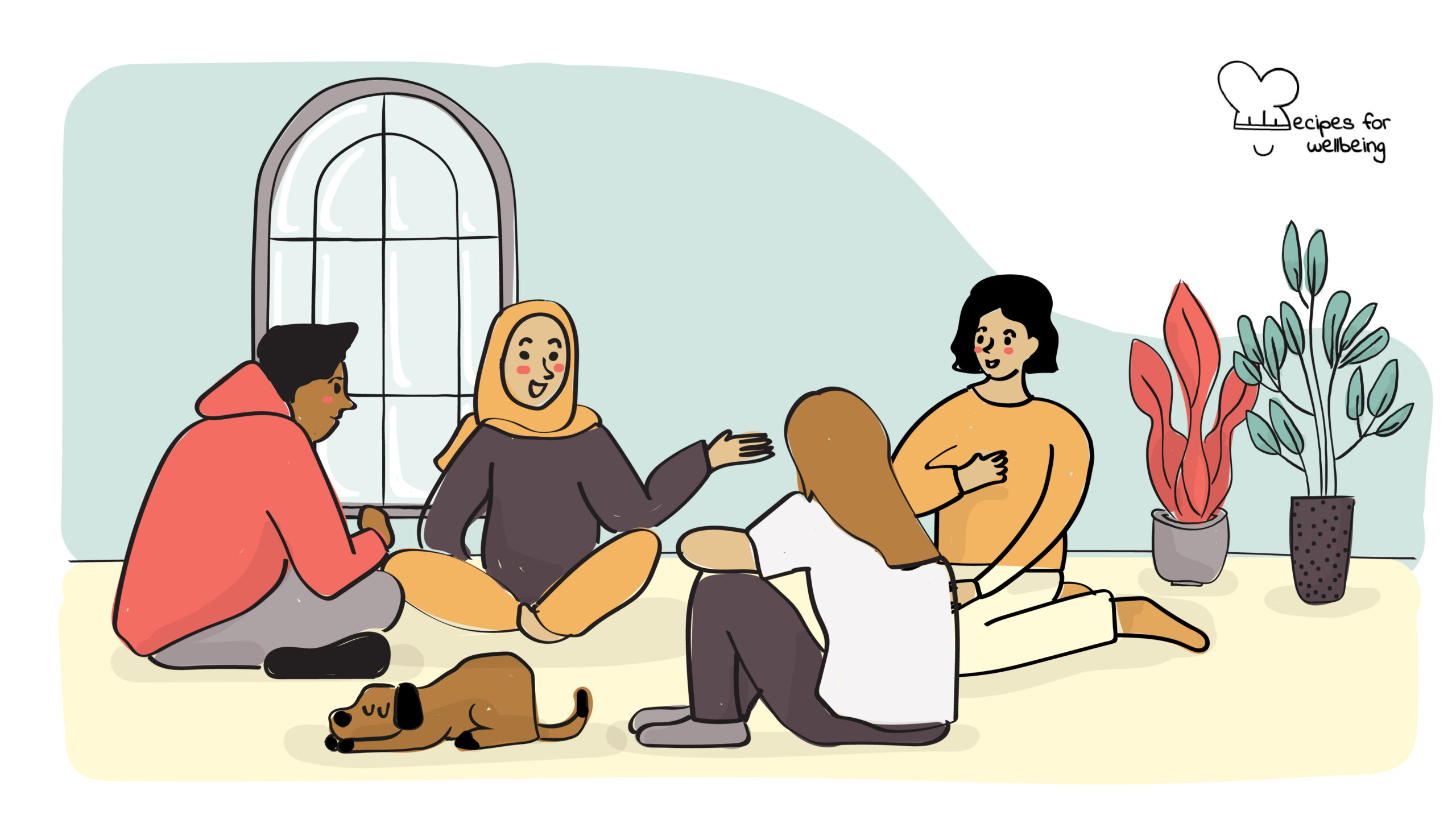 Wicked questions Illustration of a group of 4 people (and a dog) sitting in a circle on the floor. © Recipes for Wellbeing