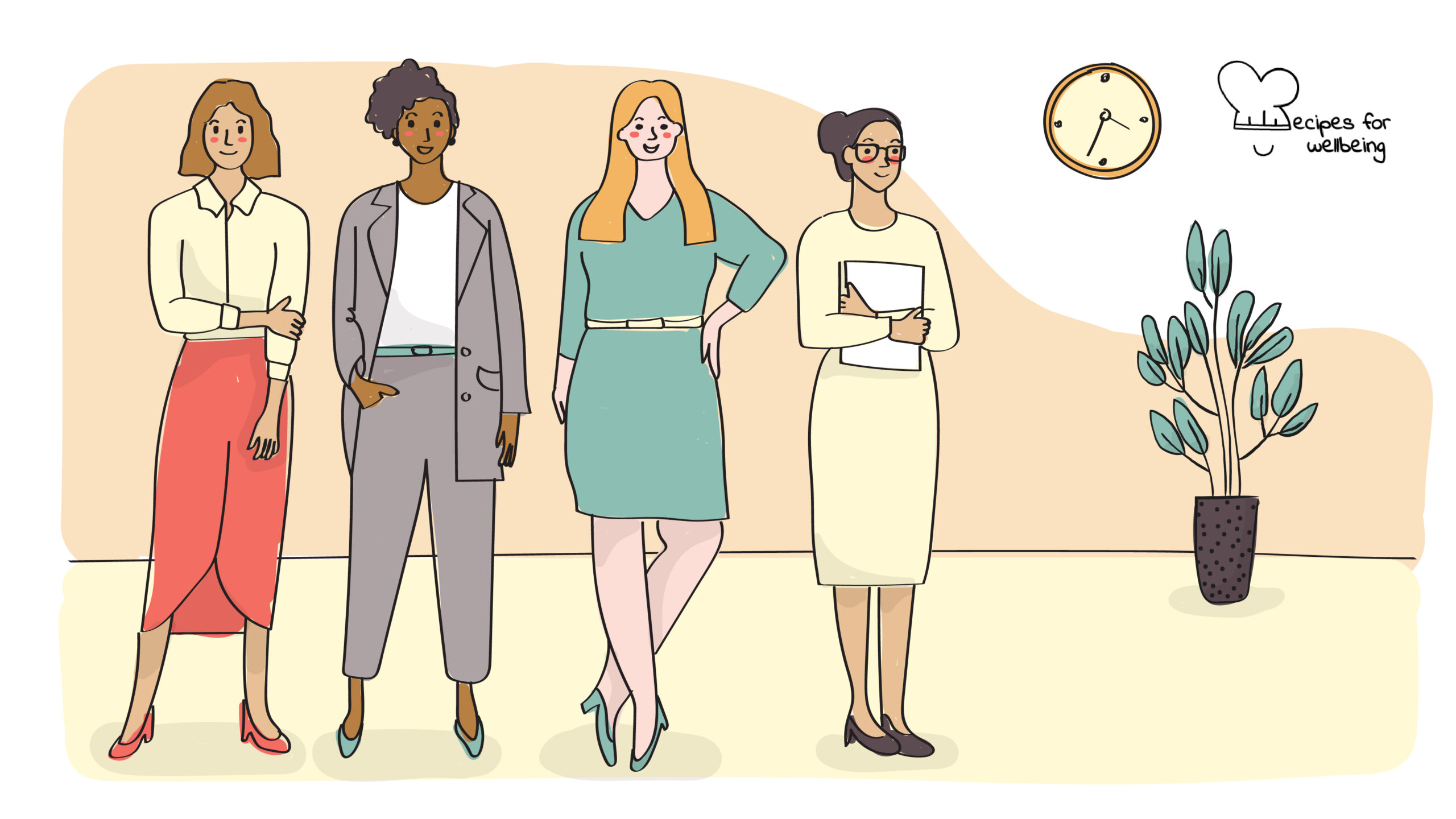 Women’s health and wellbeing in the workplace Illustration of a group of 4 womxn in work attire standing next to each other. © Recipes for Wellbeing