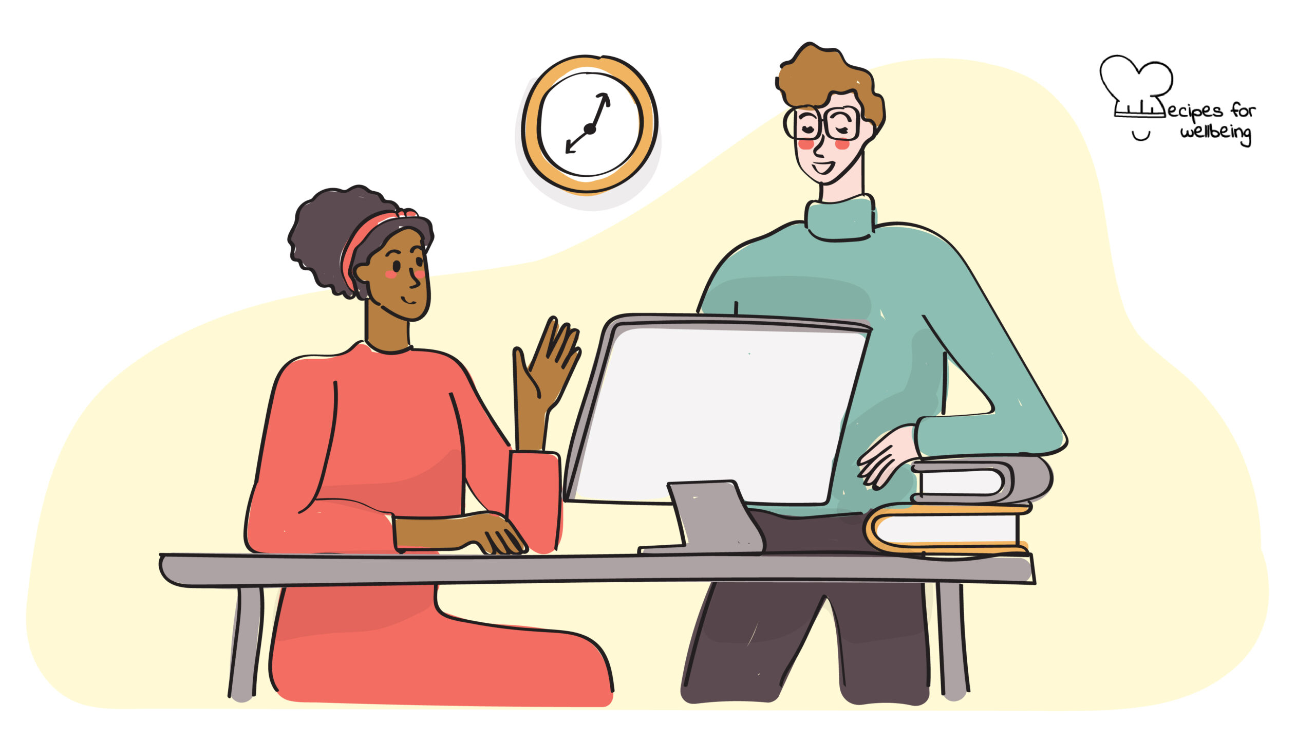 Workplace wellbeing assessment Illustration of 2 people in a work setting, one sitting in front of a computer and the other one standing next to them. © Recipes for Wellbeing