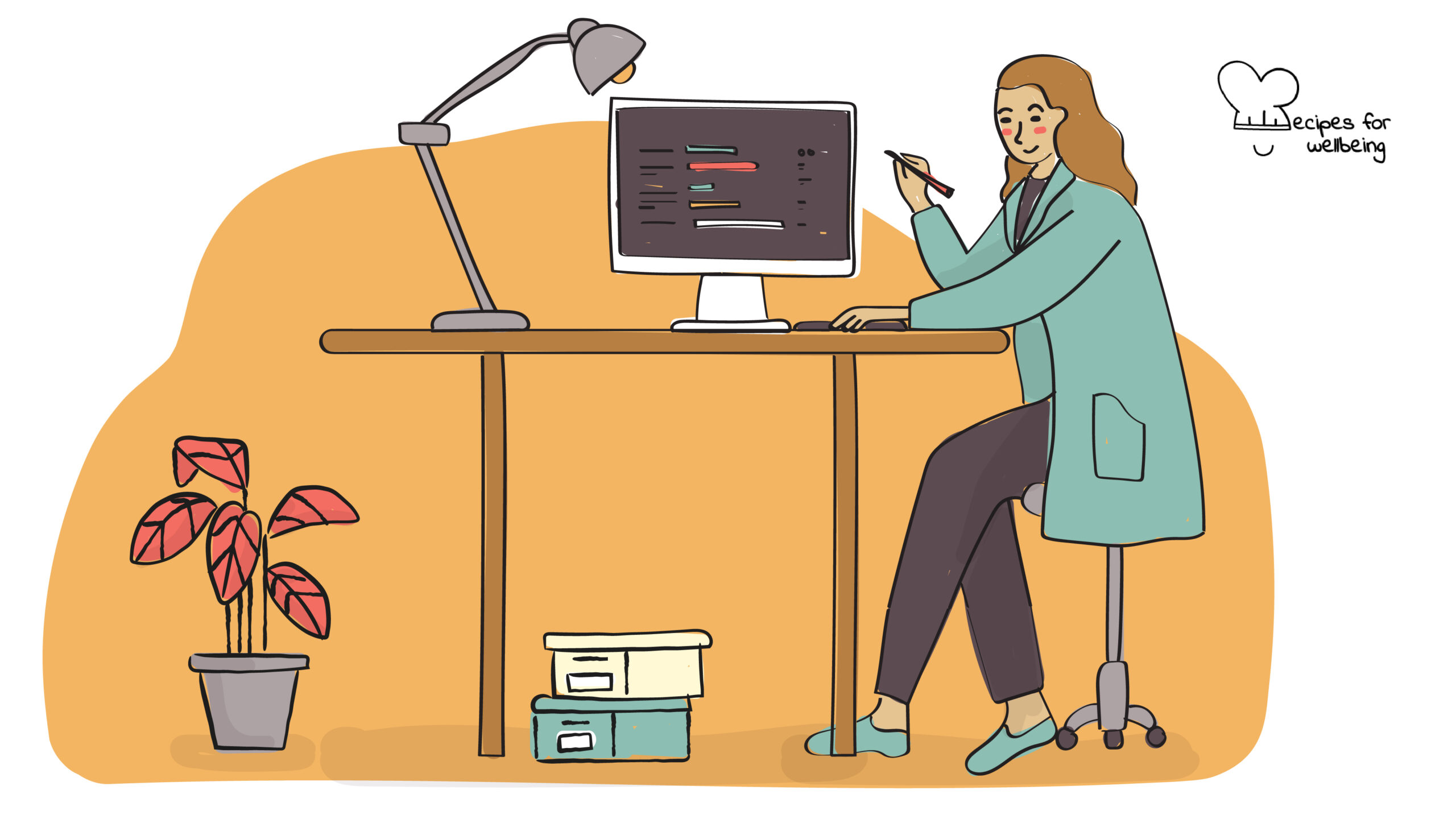 Workplace wellbeing programme evaluation Illustration of a person sitting at a desk and working in front of a computer. © Recipes for Wellbeing