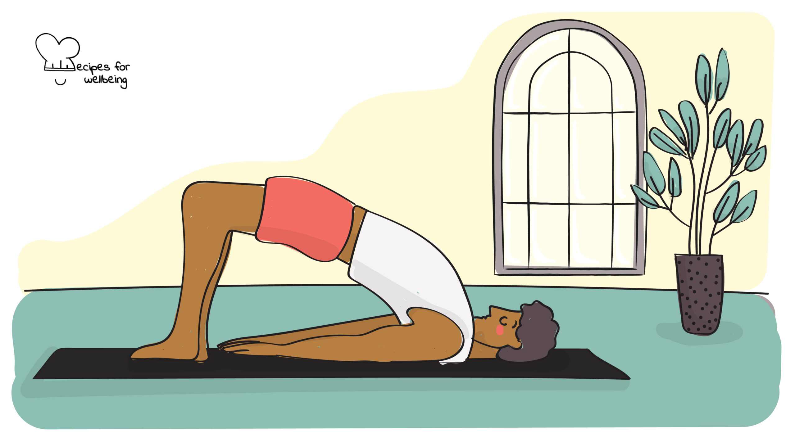 Yoga4Peace Illustration of a person in Setu Bandha Sarvangasana (or bridge pose). © Recipes for Wellbeing