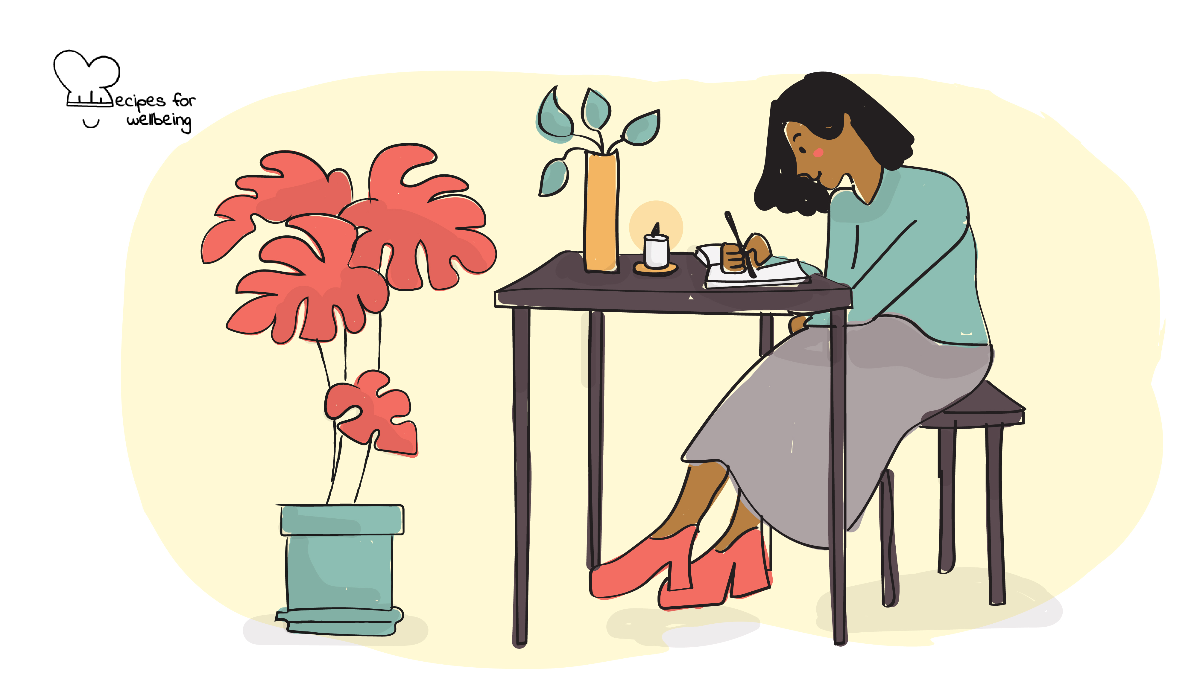 4 steps to choosing your guiding word for the new year Illustration of a person sitting on a stool behind a desk and writing in a notebook. © Recipes for Wellbeing