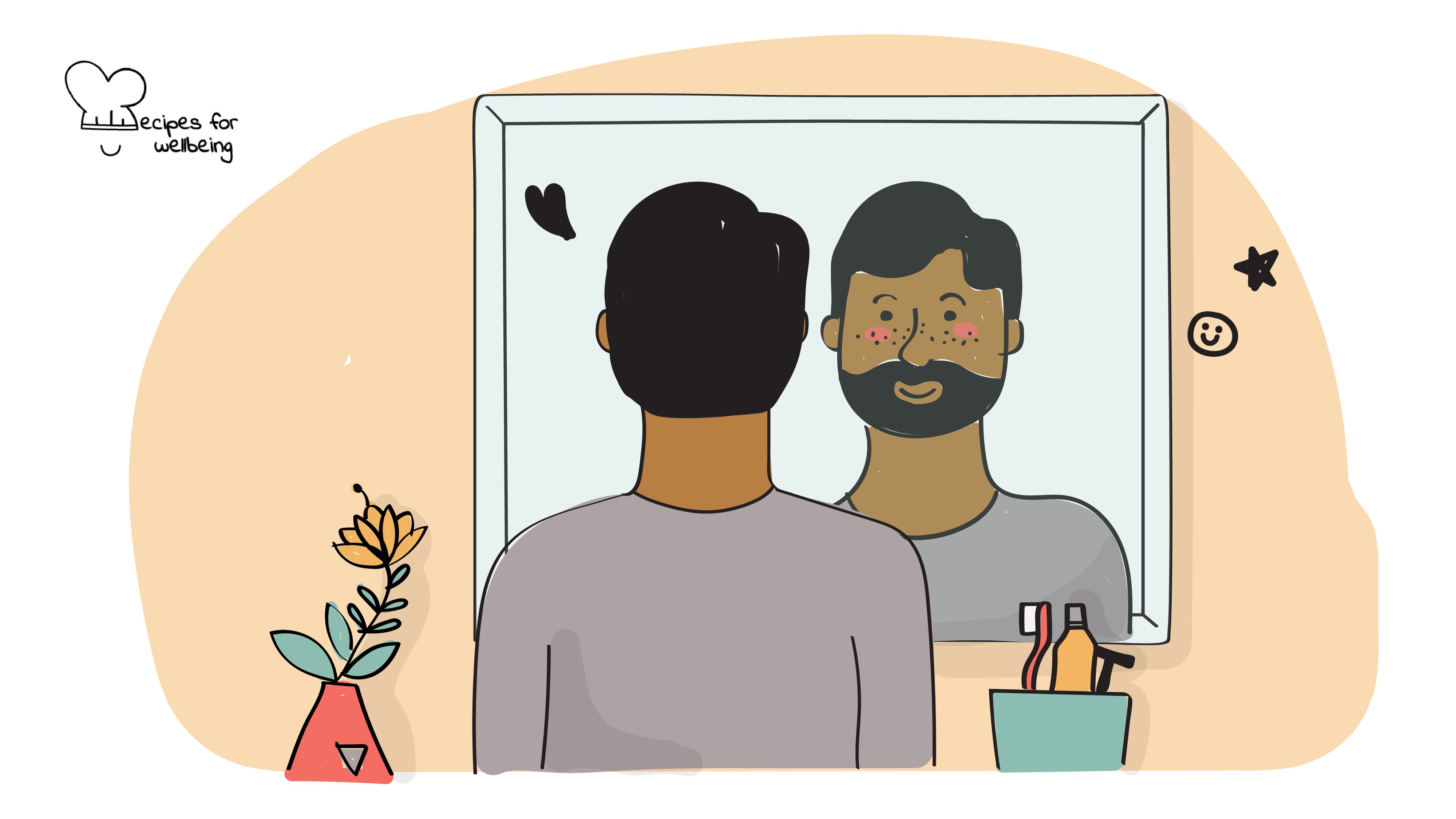 Affirmations for body positivity Illustration of a person looking at their reflection in a mirror. © Recipes for Wellbeing
