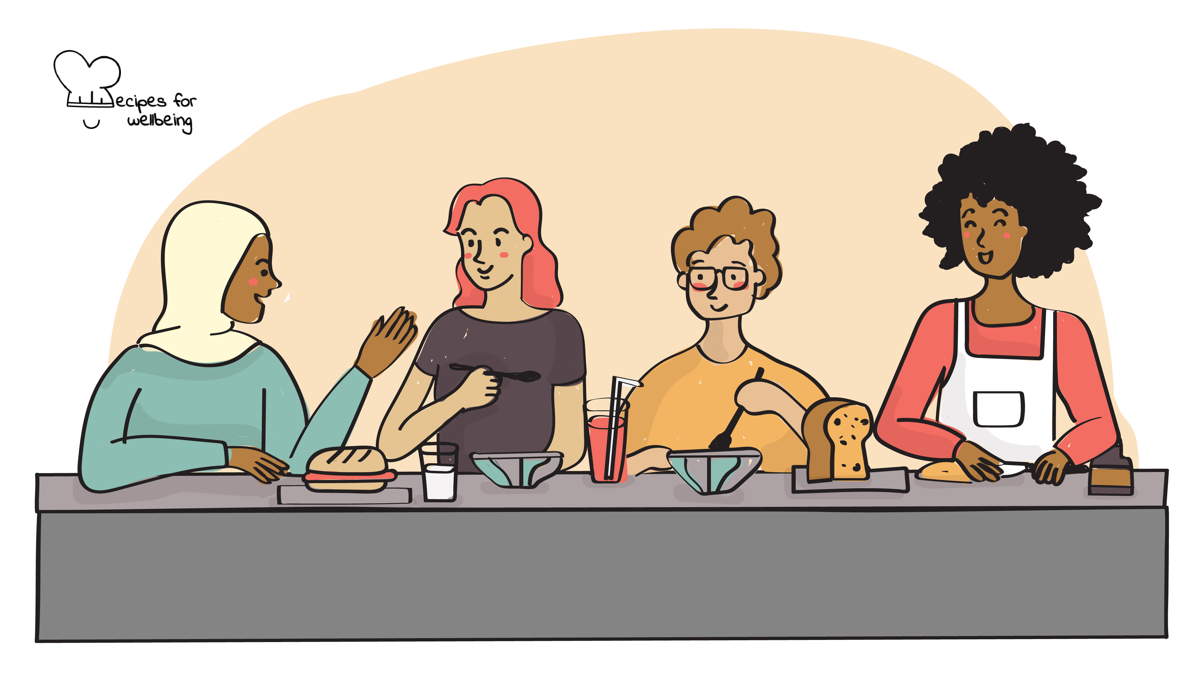 Vulnerability and honesty at the dinner table Illustration of 4 people talking to each other over a shared meal. © Recipes for Wellbeing