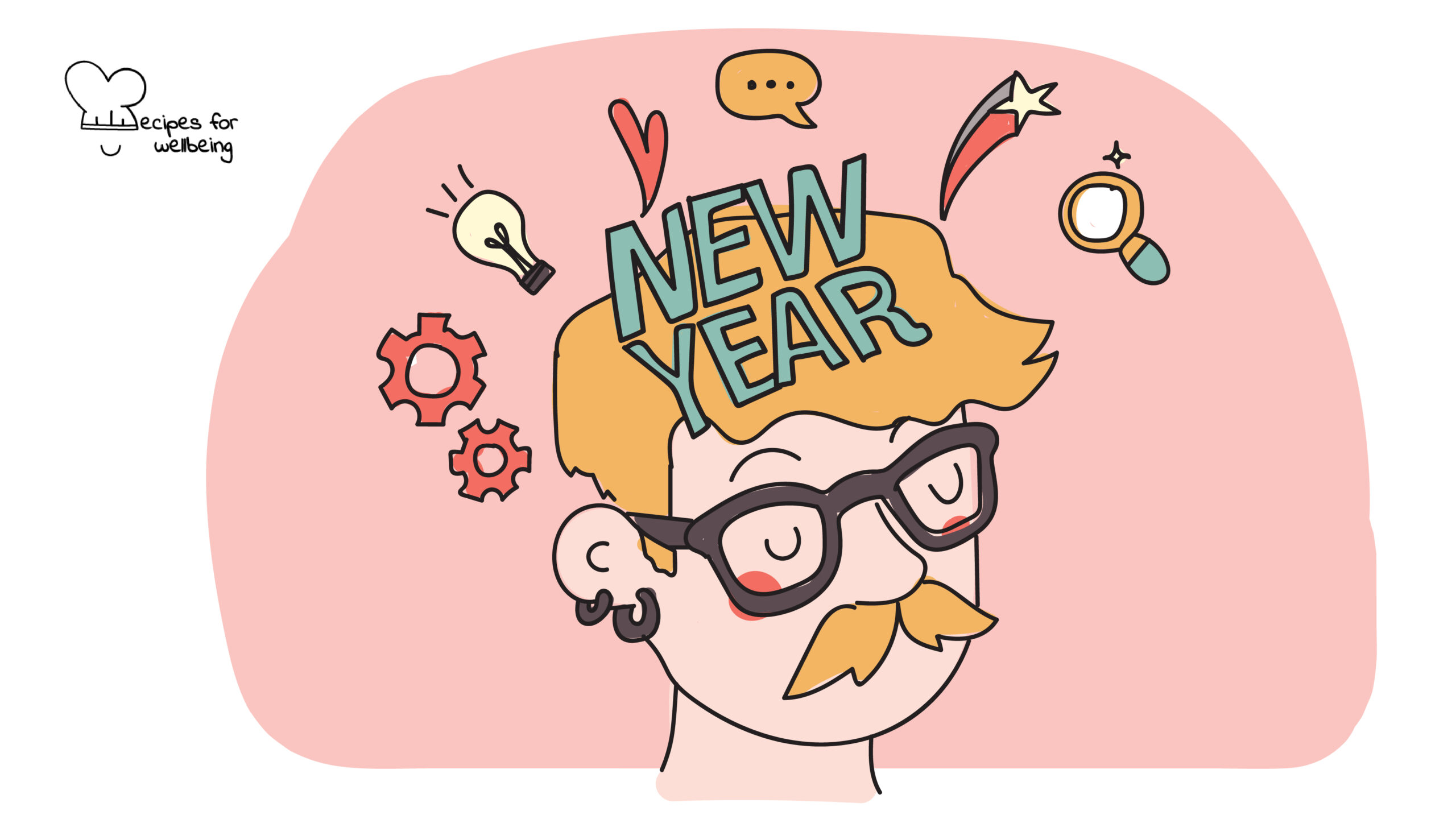 Mind mapping for a rewarding year Illustration of a person's head surrounded by different symbols (two cogs, a light bulb, a heart, a speech bubble, a star, and a magnifying glass). © Recipes for Wellbeing