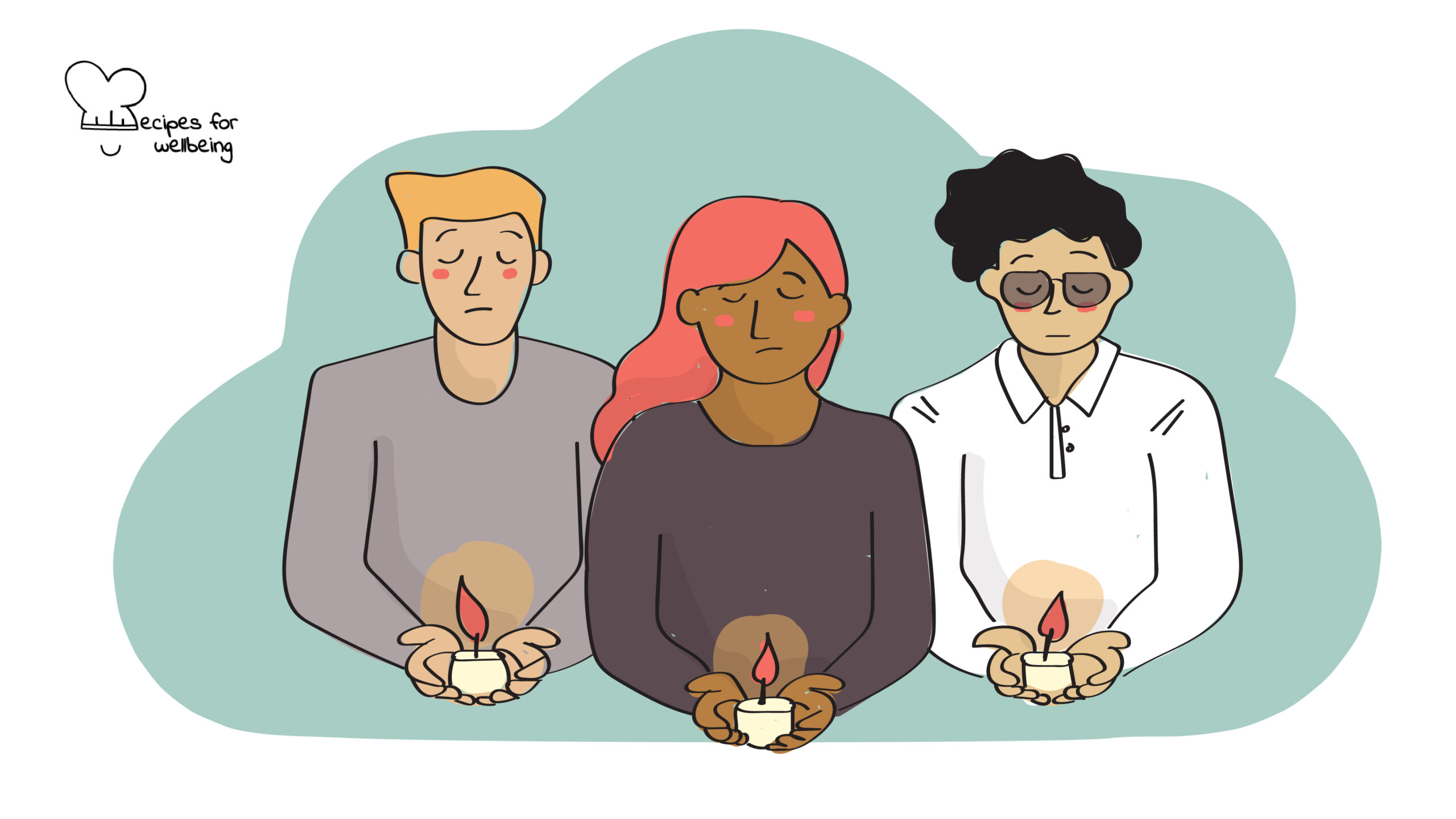 Gentleness through grief Illustration of three people grieving and holding a candle in their hands. © Recipes for Wellbeing
