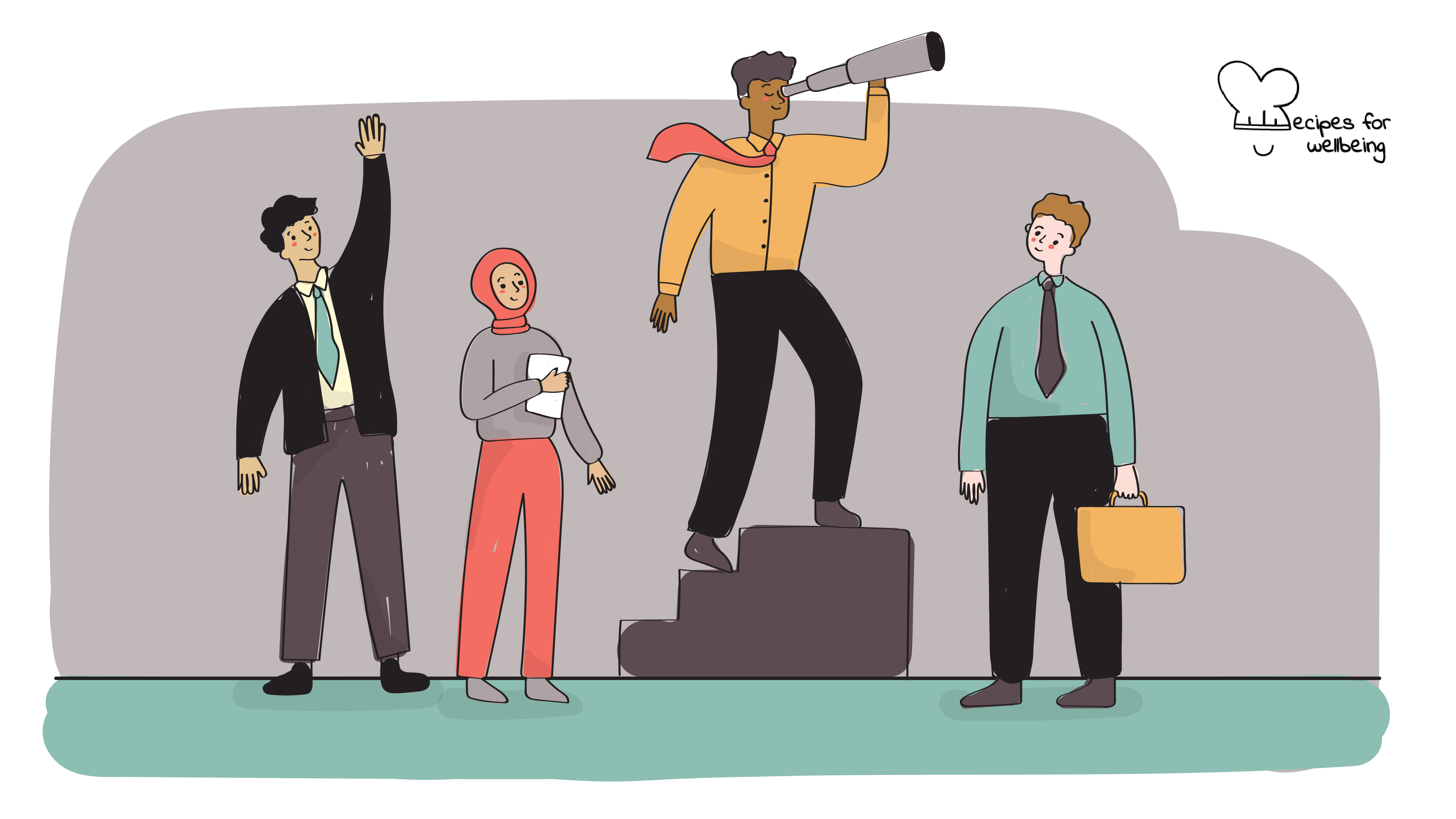 Optimistic leadership Illustration of four workers with one on top of a pedestal looking into a monocular. © Recipes for Wellbeing