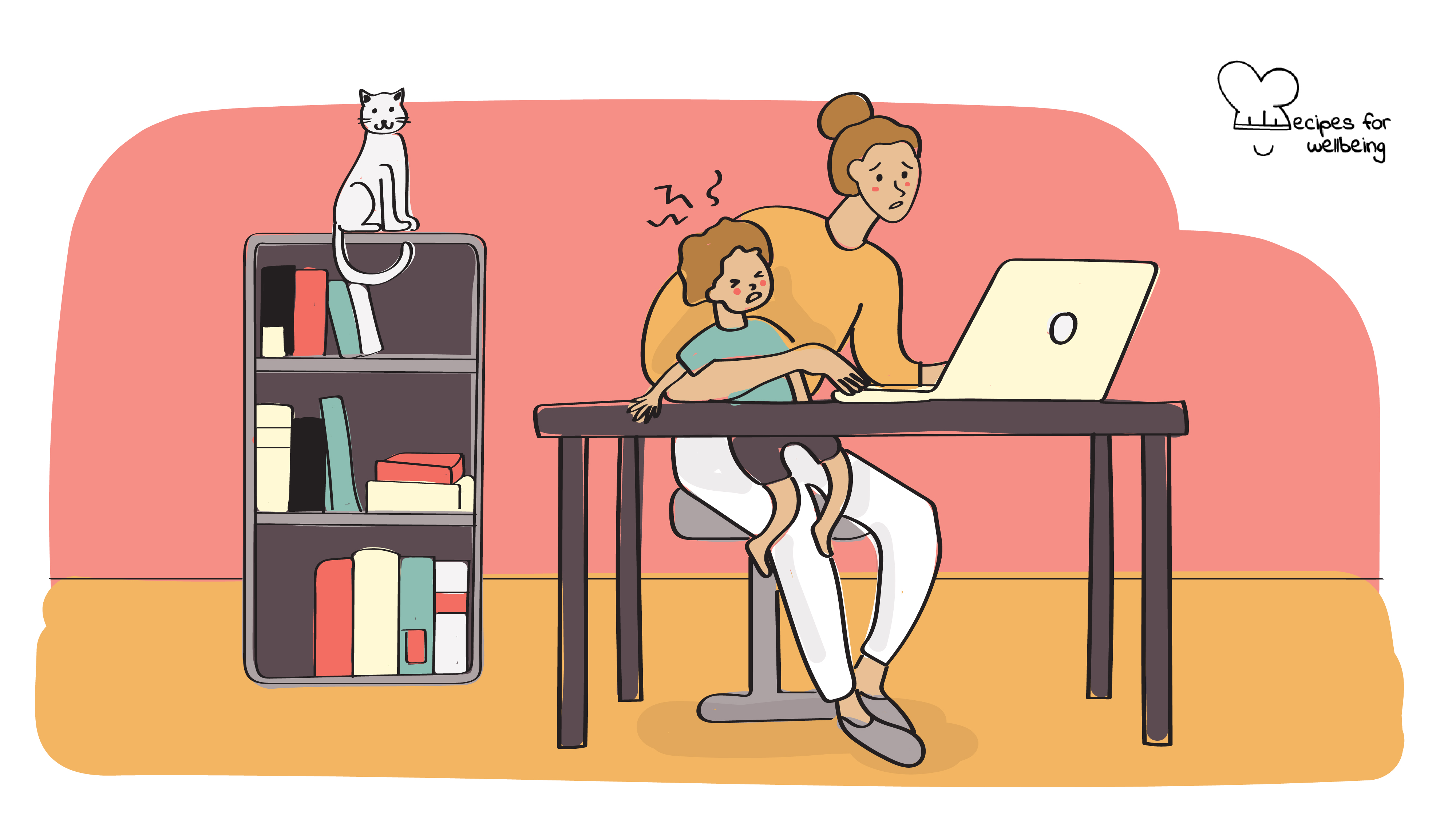 4 tips to avoid WFH burnout Illustration of a person in distress working from home with a child on their lap. © Recipes for Wellbeing