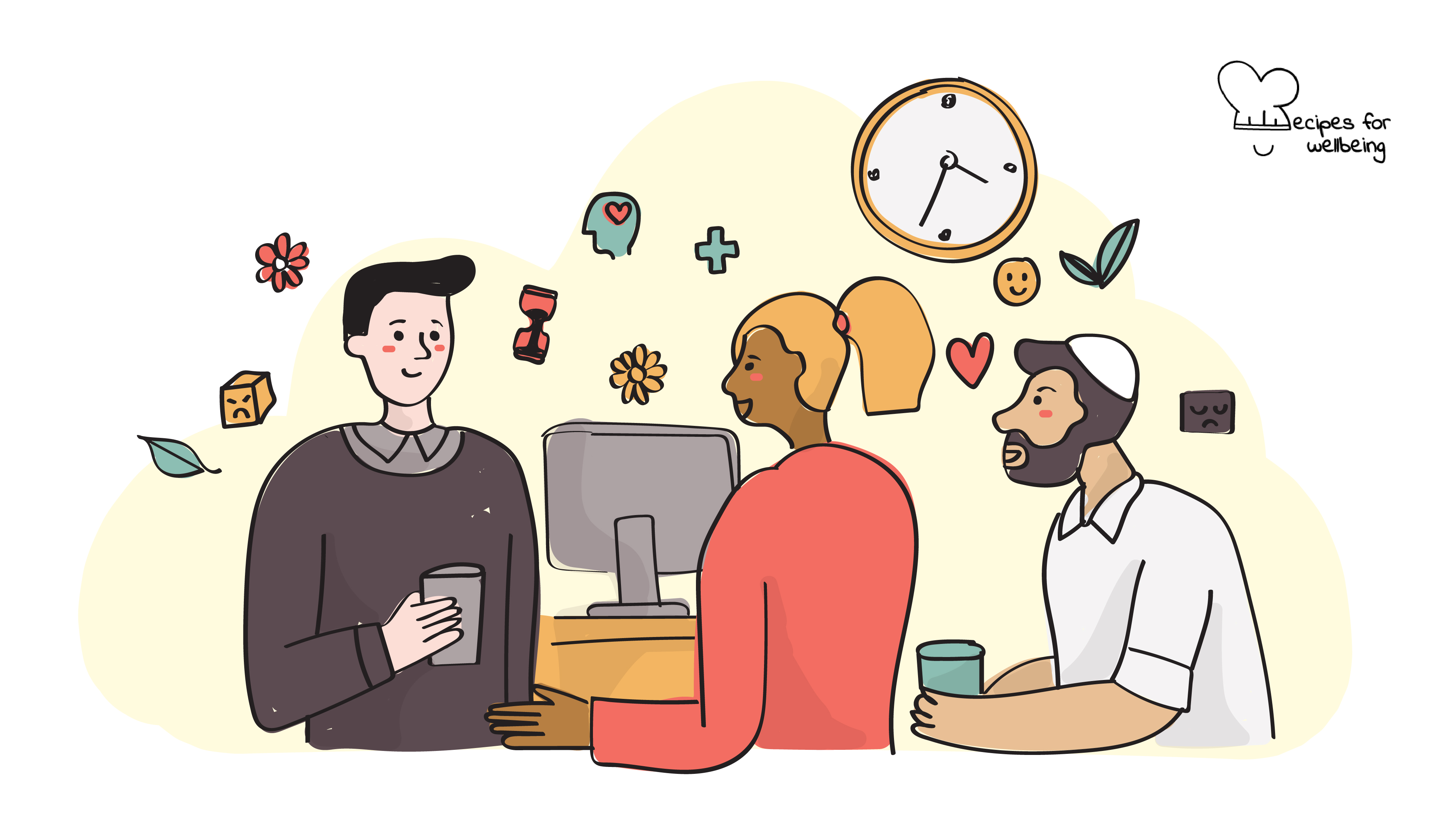 Talking mental health in the workplace Illustration of three people talking to each other. © Recipes for Wellbeing