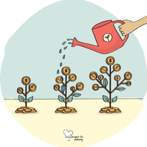 Community Wealth Building Illustration of a person's hand watering (with a watering can) three plants with "coins" as leaves. © Recipes for Wellbeing