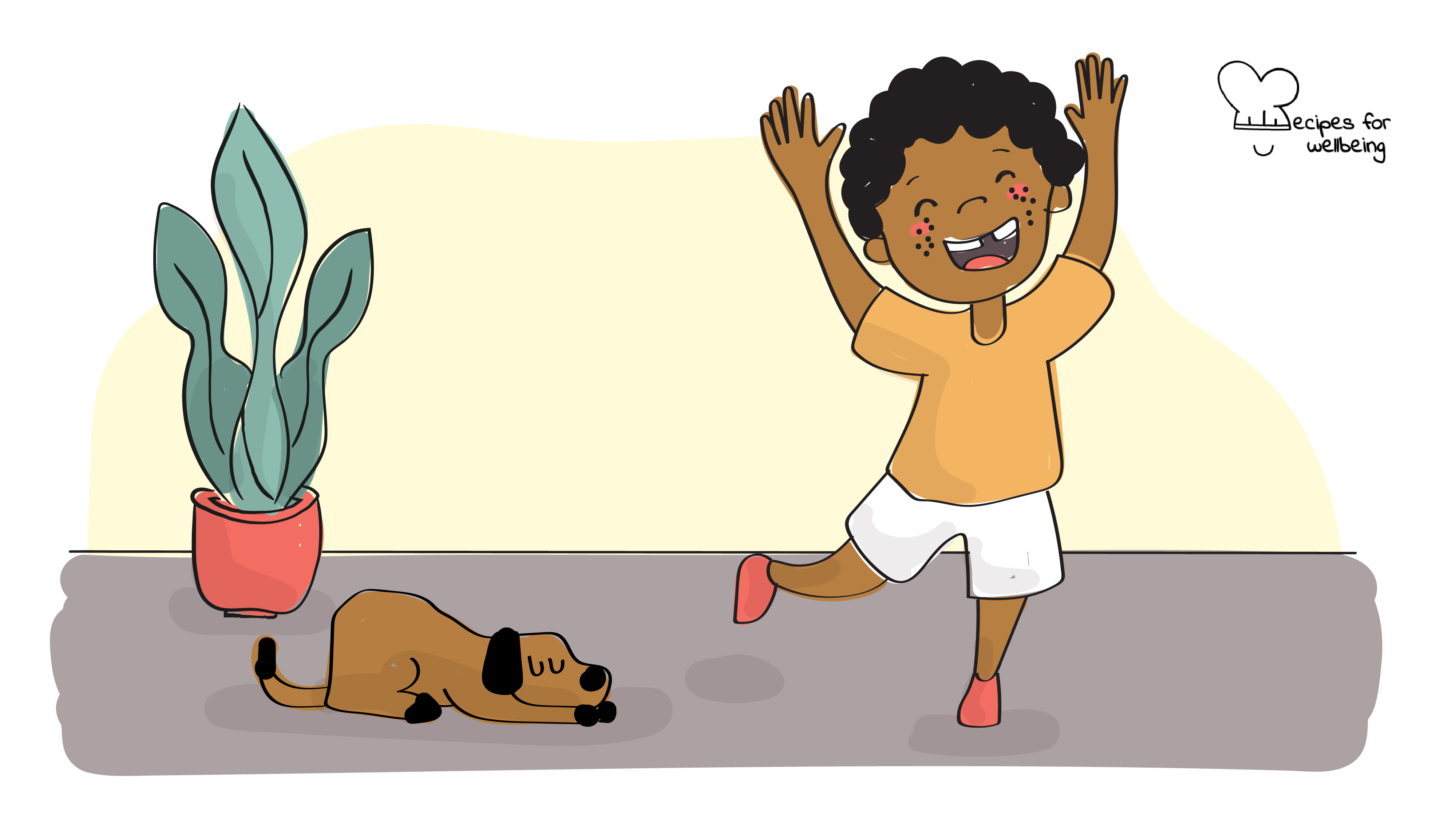 Swapping envy for joy Illustration of a child in a cheerful pose with a sleeping dog and a plant by the side. © Recipes for Wellbeing