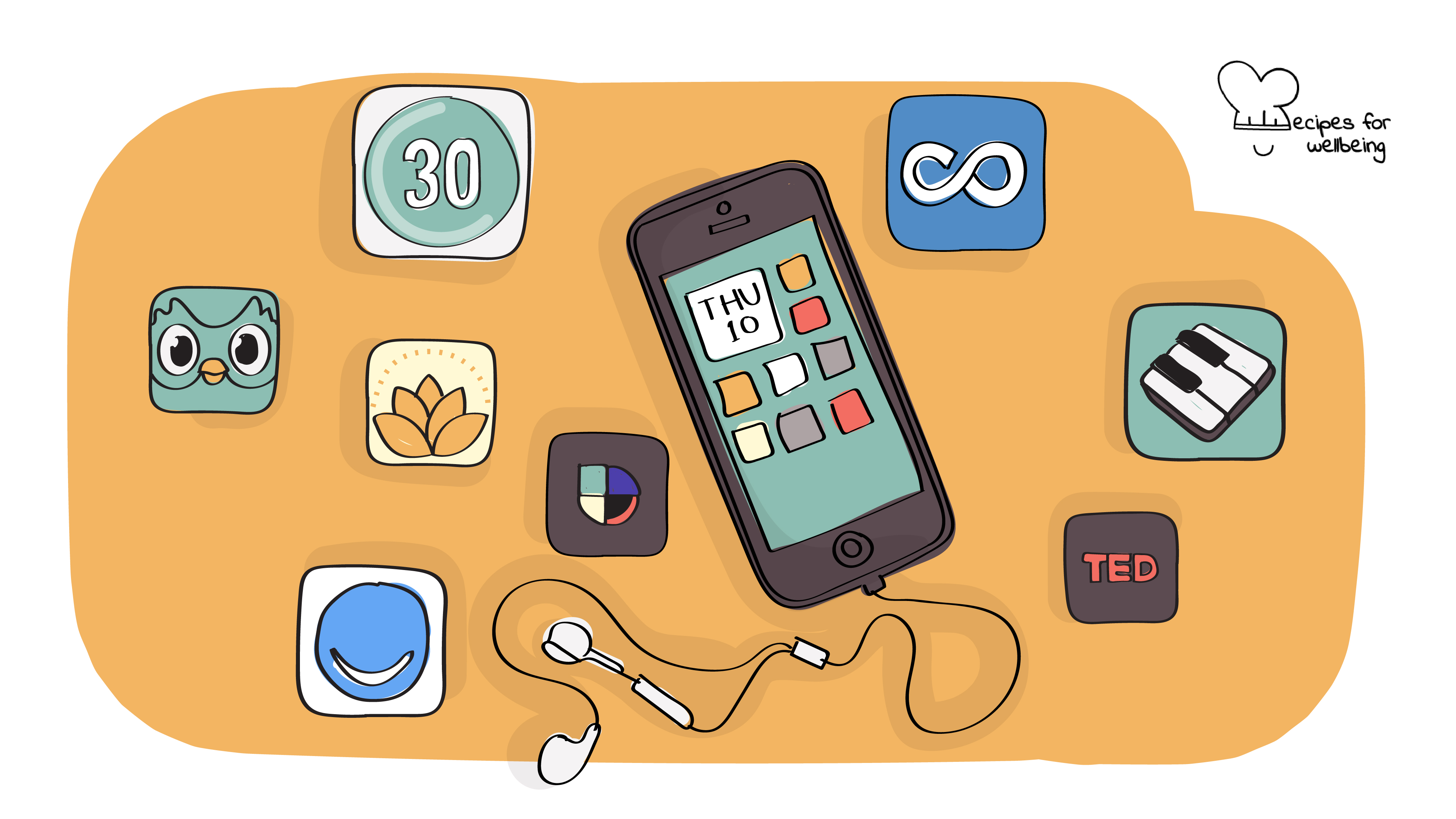 Digital goodies Illustration of a smartphone surrounded by different app icons. © Recipes for Wellbeing