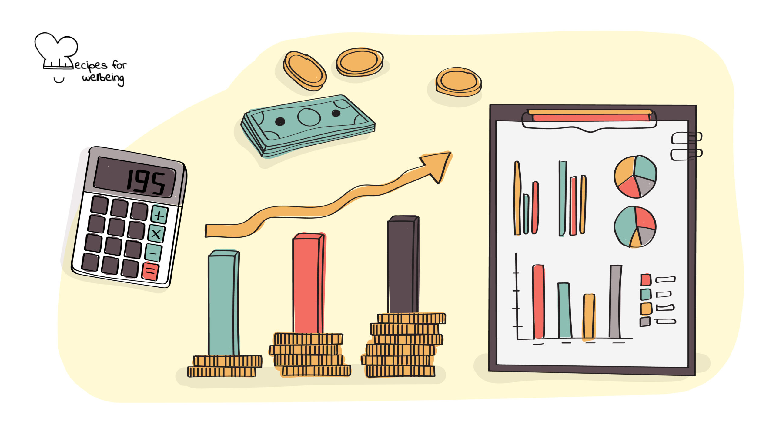 Economics for everyone Illustration of icons connected to economics, such as banknotes and coins and a paper with various graphs and charts. © Recipes for Wellbeing