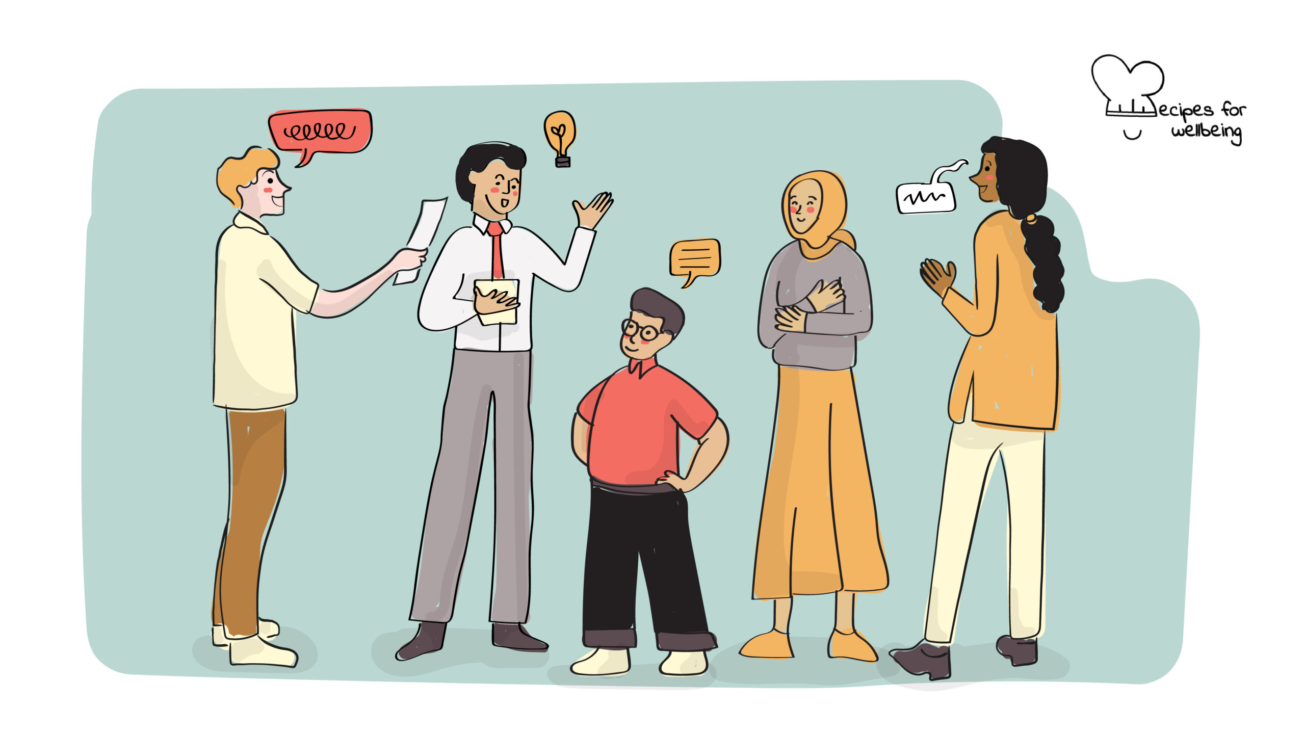 Theory of Change for wellbeing Illustration of five people standing talking to each other. © Recipes for Wellbeing