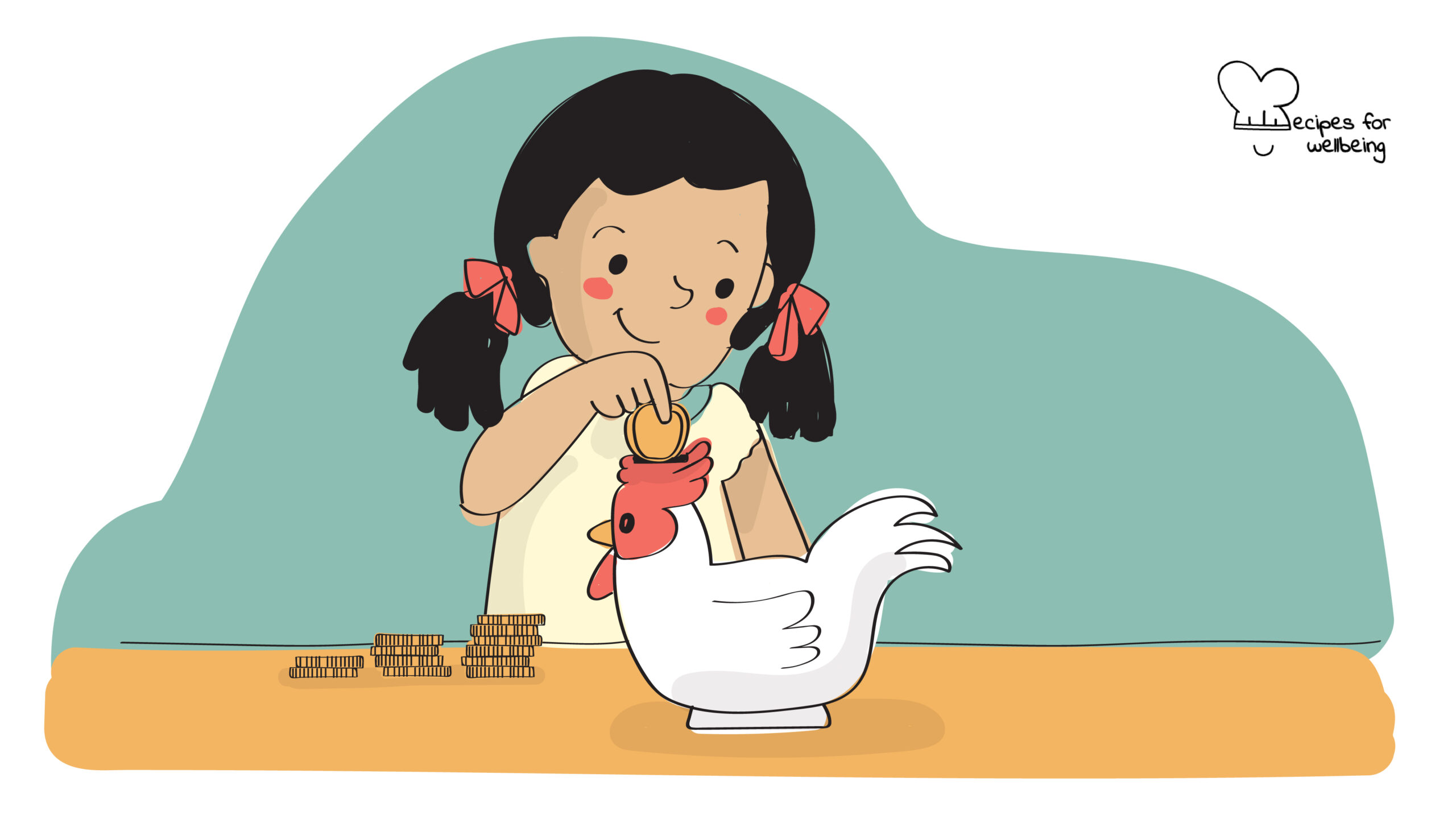 Automate your savings Illustration of a kid putting a coin in a piggy bank (in the shape of a chicken). © Recipes for Wellbeing