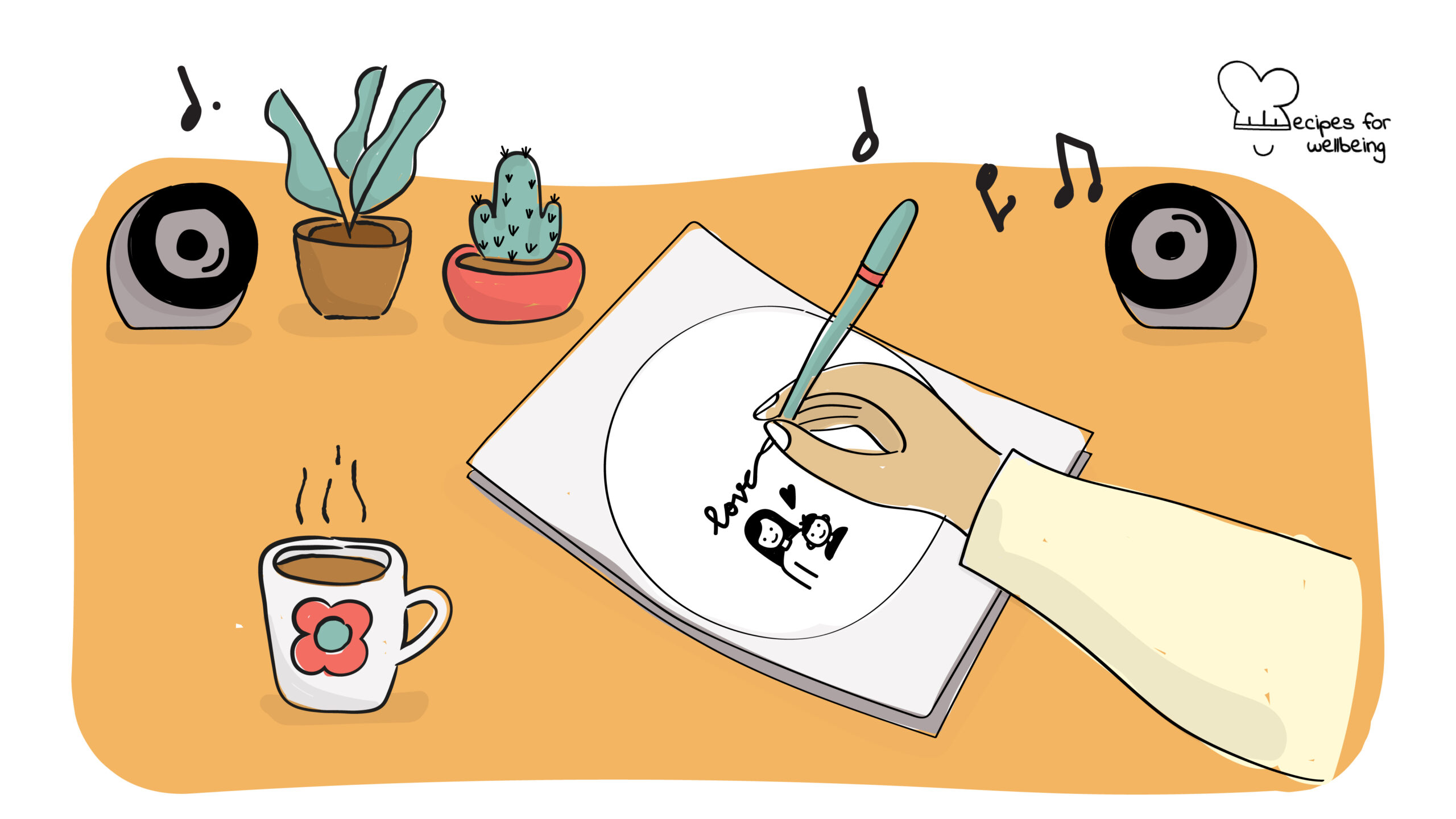 The parenting plate Illustration of a person's hand drawing on a sheet of paper with music playing from a speaker, a mug with a hot beverage and a table plant nearby. © Recipes for Wellbeing