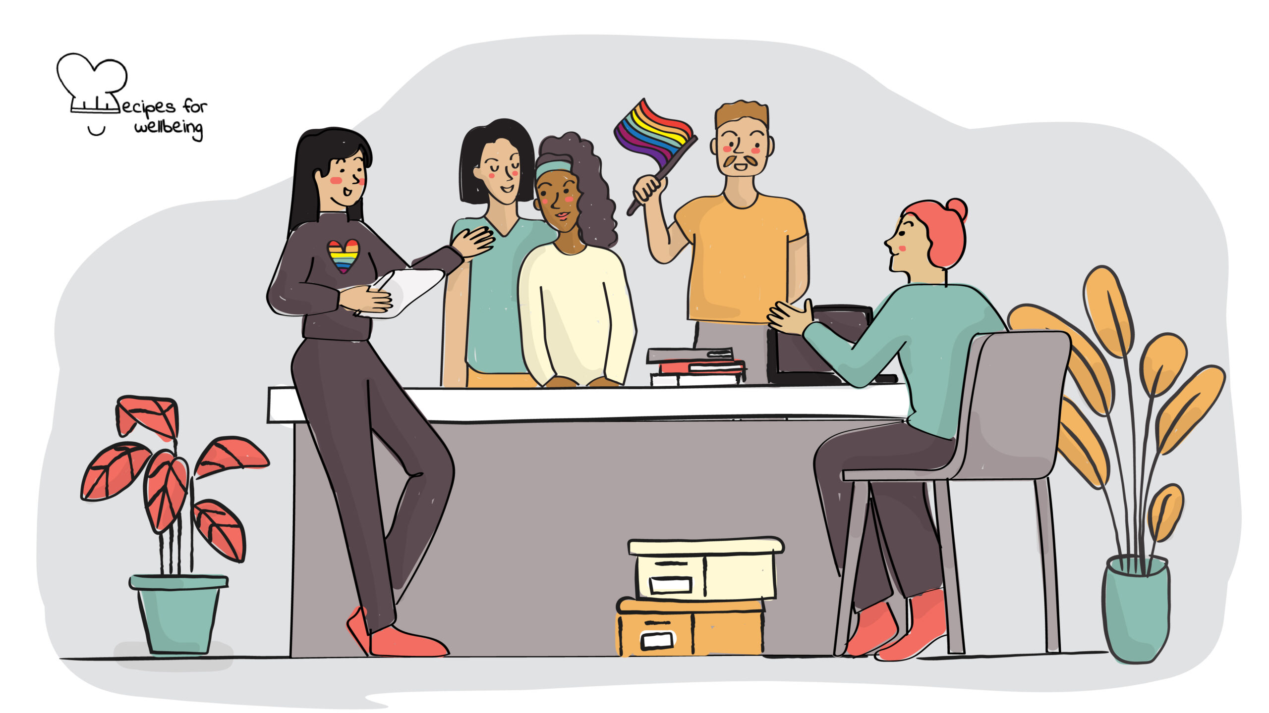LGBTQIA2S+ allies in the workplace Illustration of five people sitting/standing around a table and conversing (one of them has a LBGT-heart print on their sweater and another one is weaving an LGBT flag). © Recipes for Wellbeing