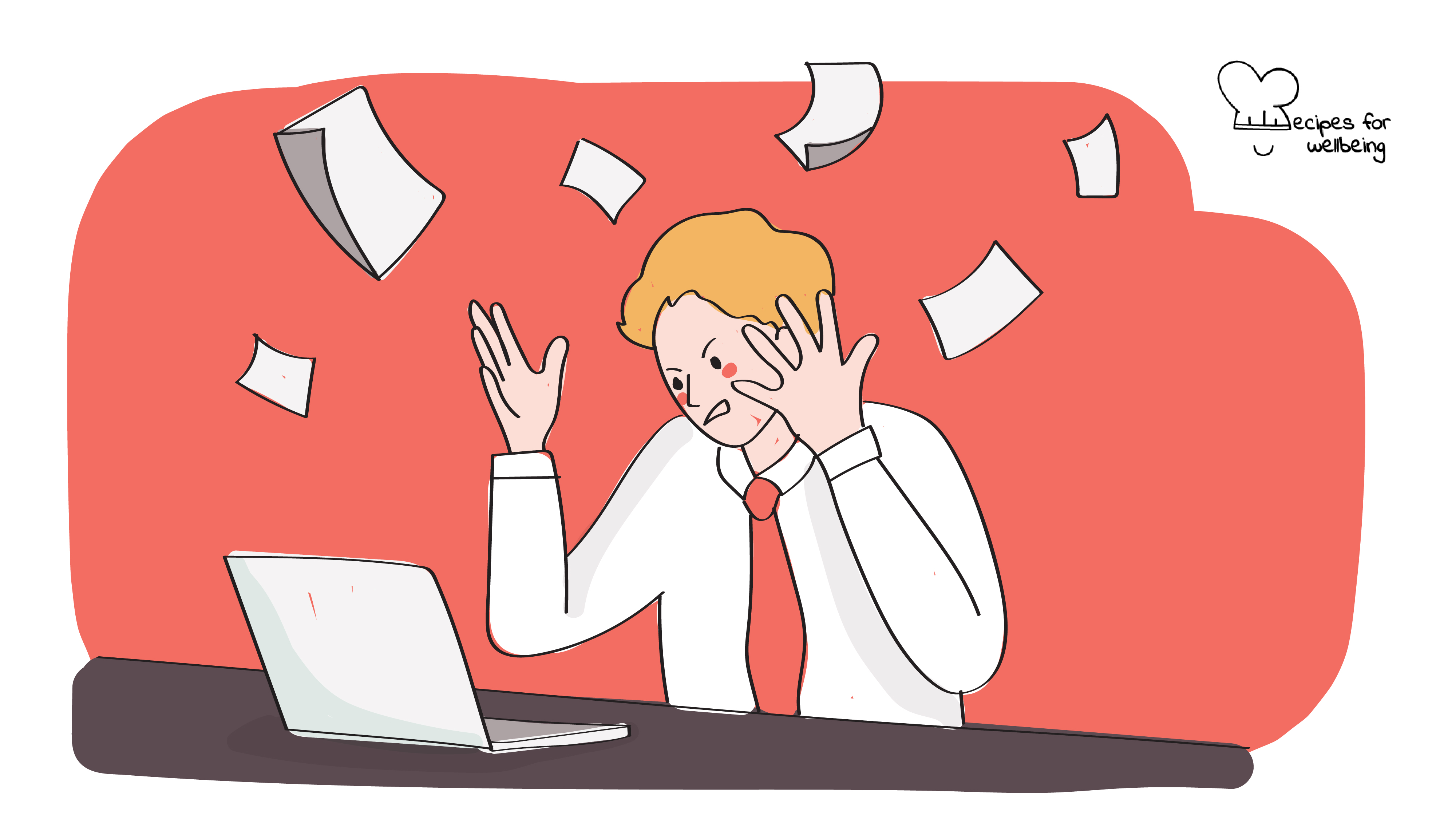 6 causes of burnout Illustration of a person sitting behind their laptop and throwing sheets of paper in the air with an upset expression. © Recipes for Wellbeing