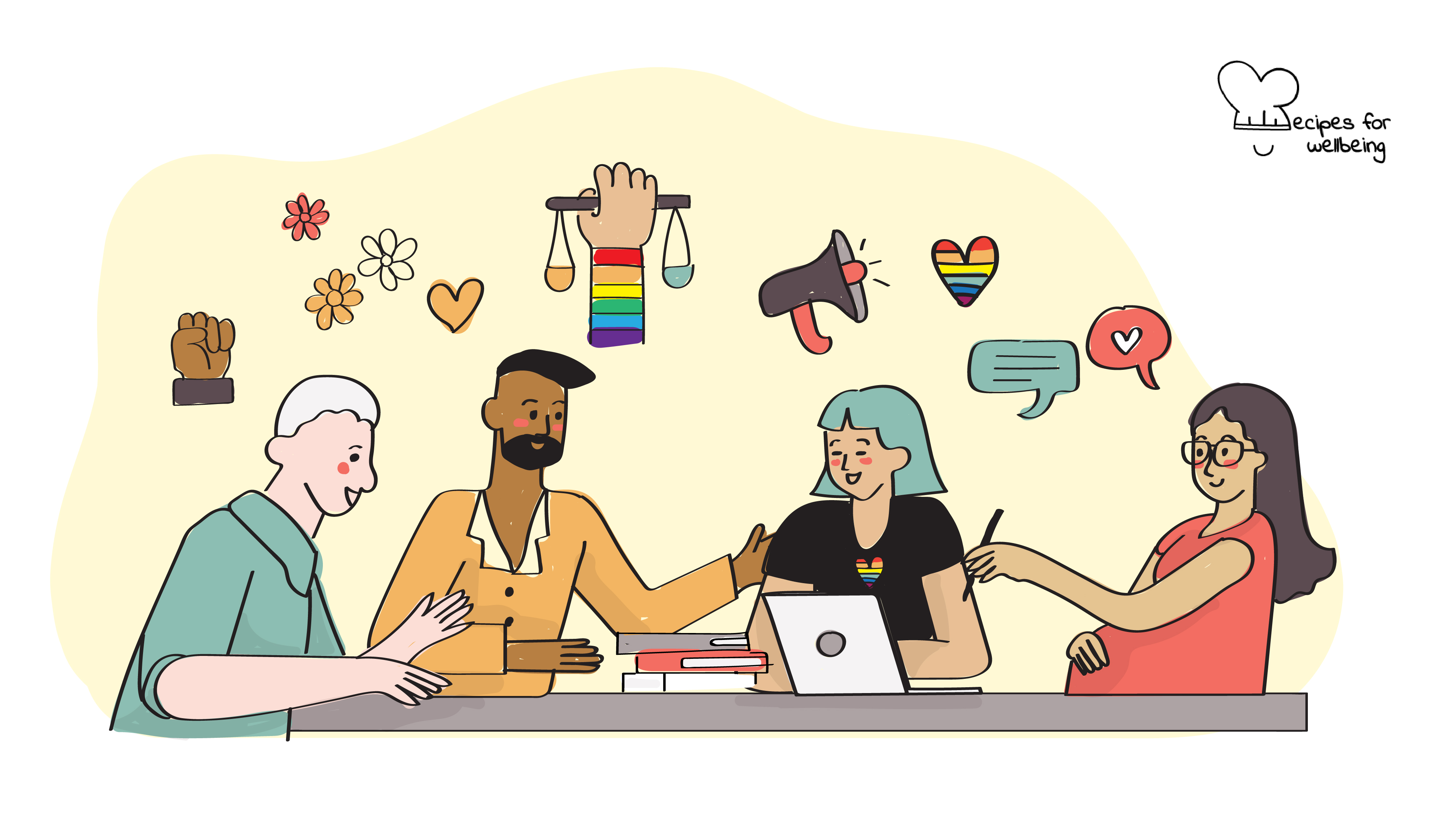 Strategies to support LGBTQIA2S+ folks in the workplace Illustration of four people sitting around a table and conversing surrounded by LGBTQIA2S+ symbols. © Recipes for Wellbeing