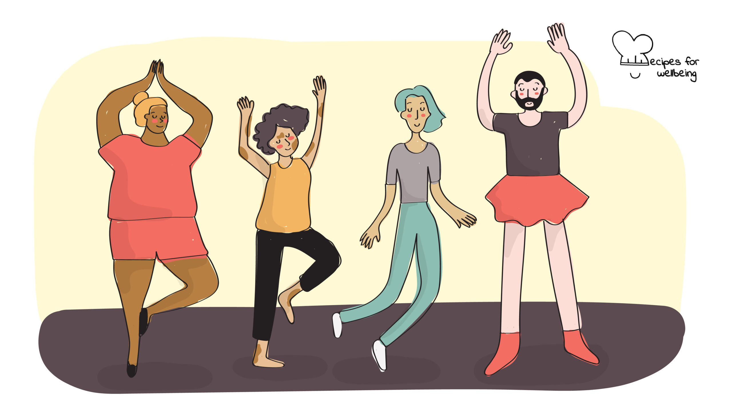 Practicing body neutrality Illustration of four people doing physical exercise. © Recipes for Wellbeing