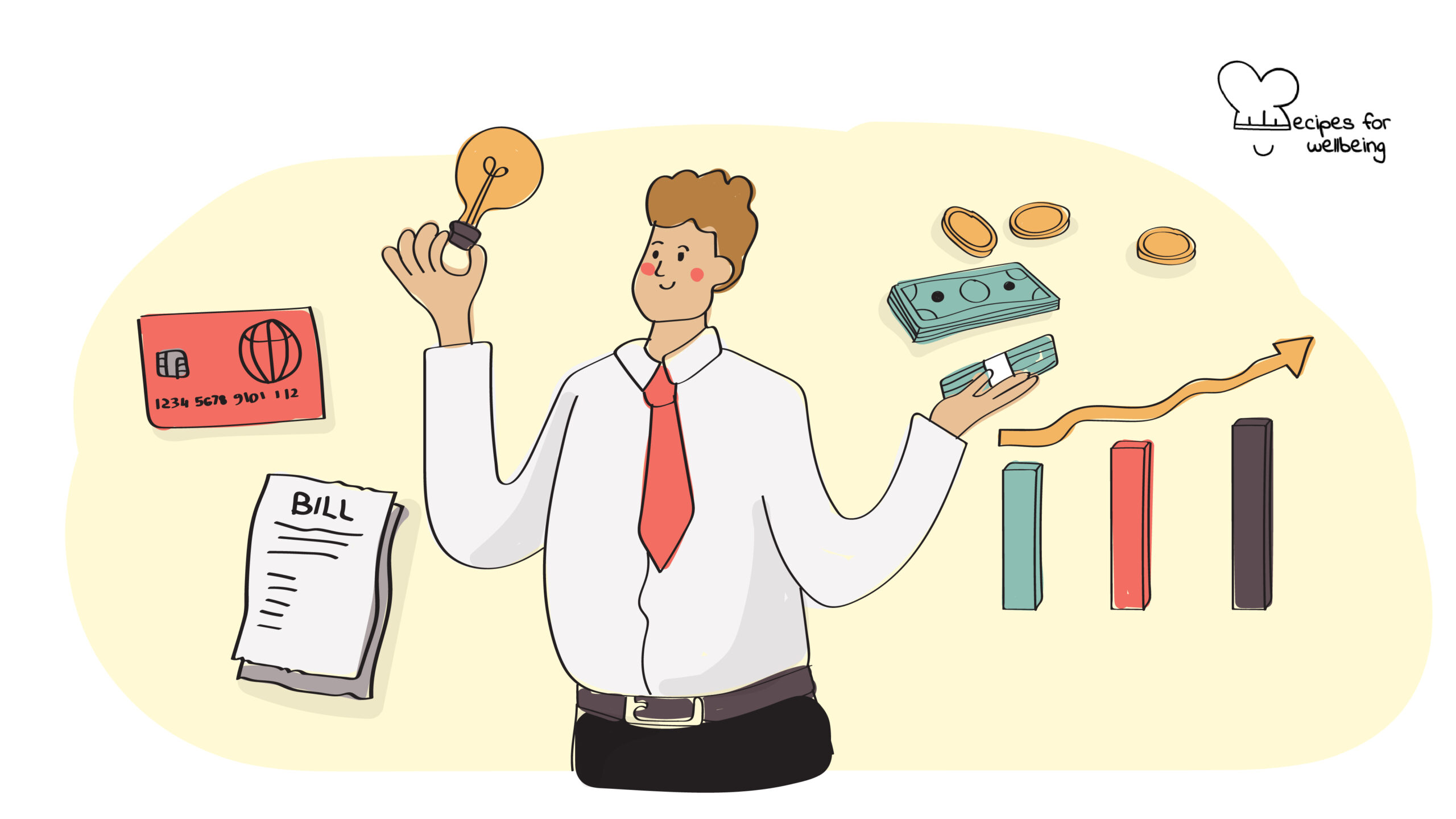 Genuine Wealth Illustration of a person surrounded by financial icons, such as banknotes, coins, a debit/credit card, a bill, etc. © Recipes for Wellbeing