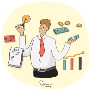 Genuine Wealth Illustration of a person surrounded by financial icons, such as banknotes, coins, a debit/credit card, a bill, etc. © Recipes for Wellbeing