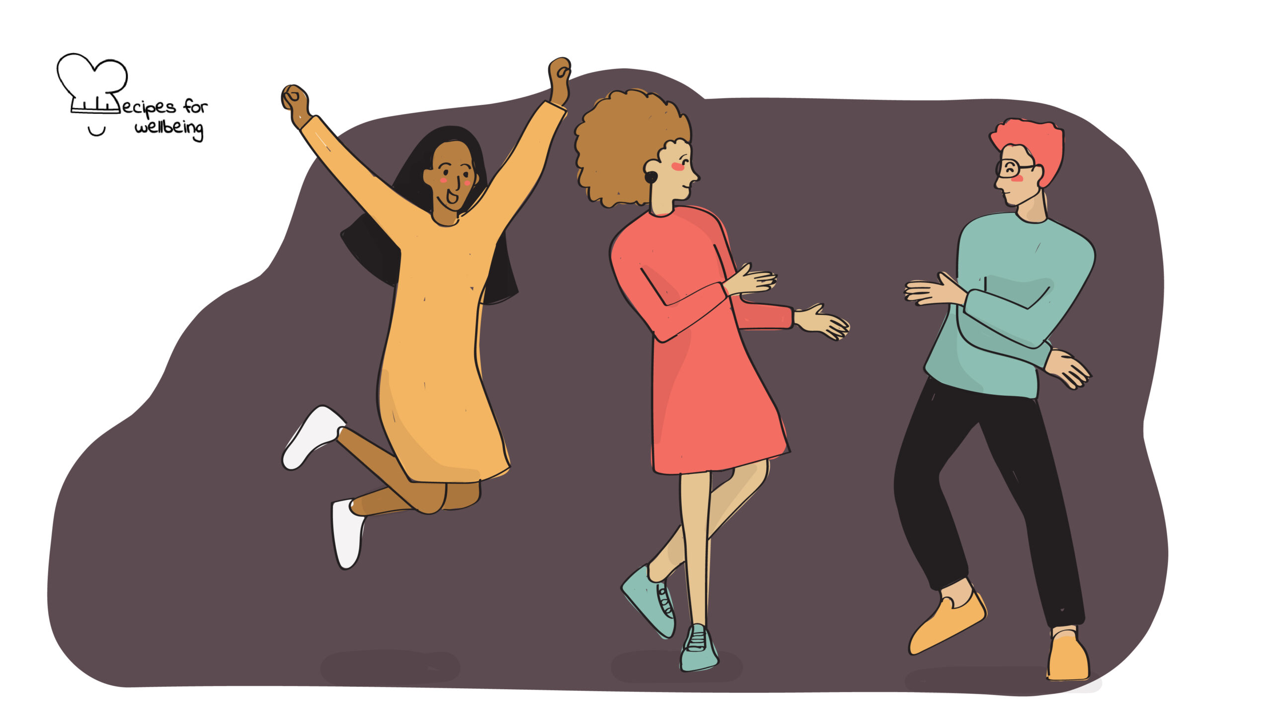 Ecstatic dance Illustration of three people dancing. © Recipes for Wellbeing