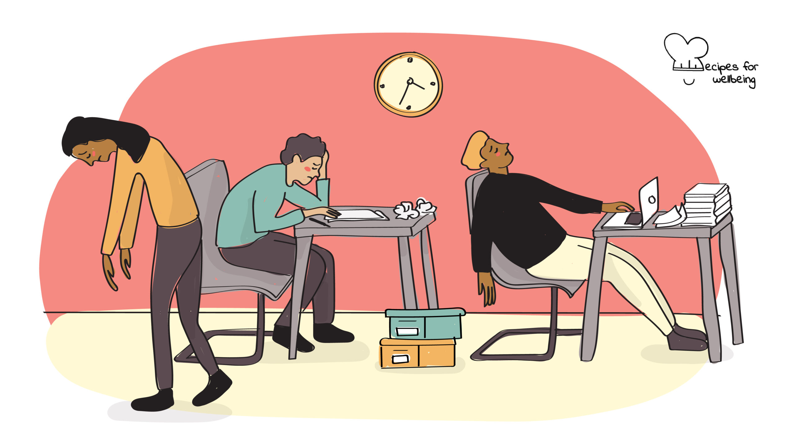 6 red flags of burnout Illustration of three people in a work setting who look exhausted. © Recipes for Wellbeing