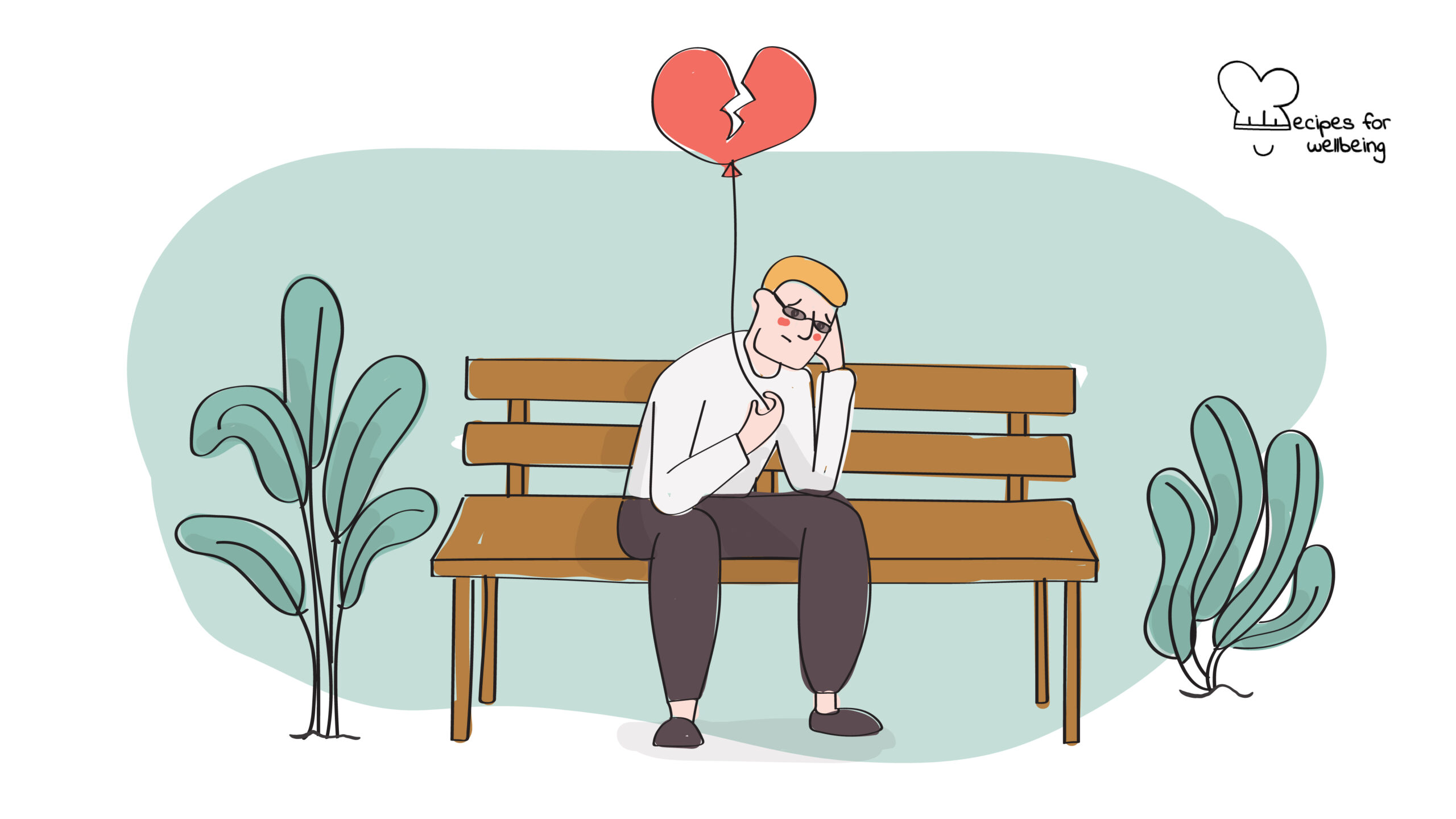 Healing a broken heart Illustration of a person with a sad expression sitting on a bench and holding a balloon in the shape of a broken heart. © Recipes for Wellbeing