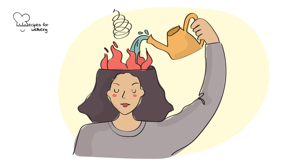 Befriending stress Illustration of a person pouring water to cool a fire coming out of their head. © Recipes for Wellbeing