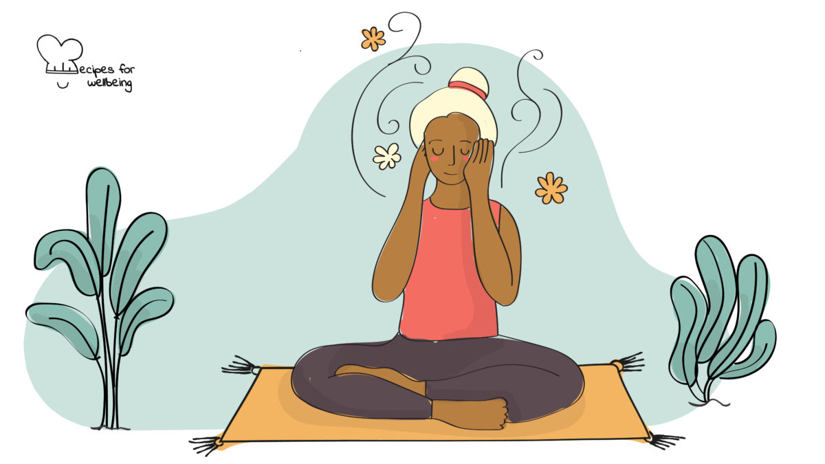 Healing communication Illustration of a relaxed person sitting cross-legged on the floor with their hands to the side of their head. © Recipes for Wellbeing