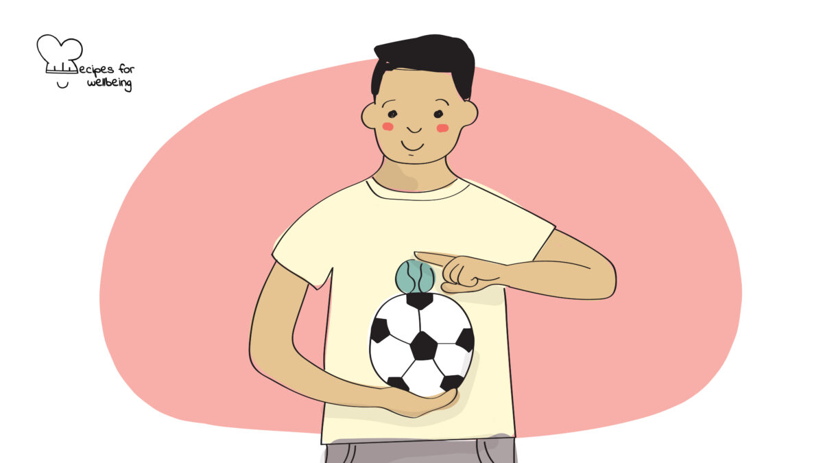 Balance the ball Illustration of a young person holding a football and balancing a small ball on top of the football. © Recipes for Wellbeing