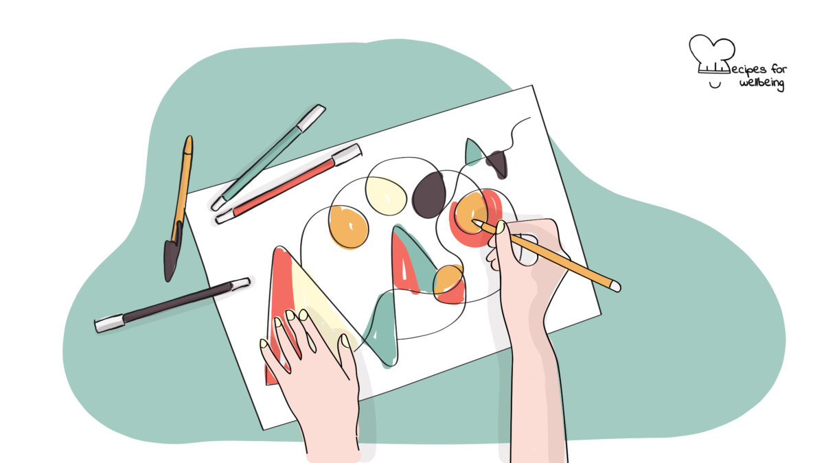 Colourful confusions Illustration of a pair of hands colouring in the spaces created by various lines drawn on a sheet of paper. © Recipes for Wellbeing