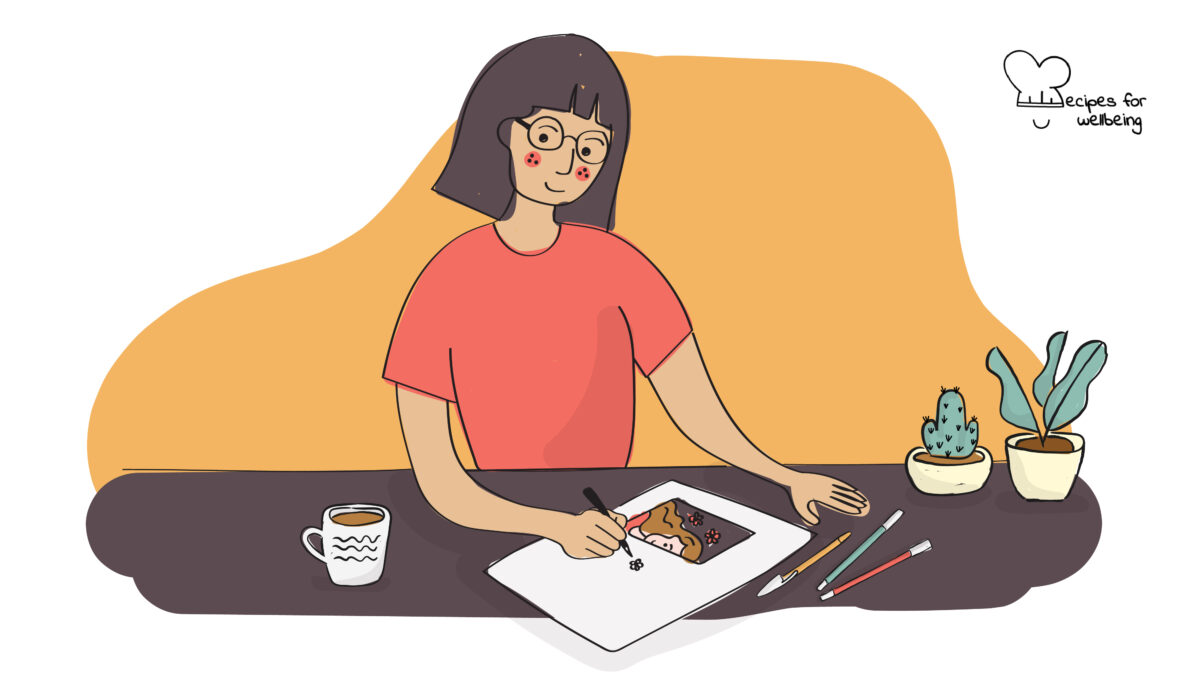 Draw it in your own style Illustration of a young person drawing on a sheet of paper. © Recipes for Wellbeing