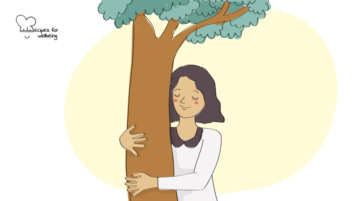 Tree talk Illustration of a young person hugging a tree. © Recipes for Wellbeing