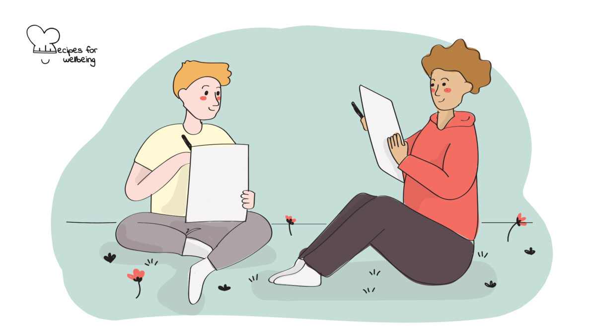 Portraiture Illustration of two young people sitting in front of each other and holding a sheet of paper and a pen. © Recipes for Wellbeing