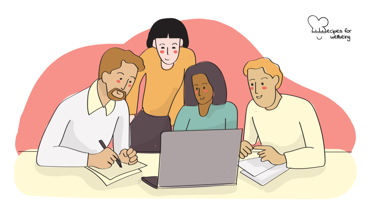 Personal user manual Illustration of three people working around a laptop. © Recipes for Wellbeing
