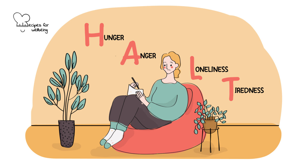 HALT Illustration of a person sitting on a bean bag writing on a sheet of paper. © Recipes for Wellbeing
