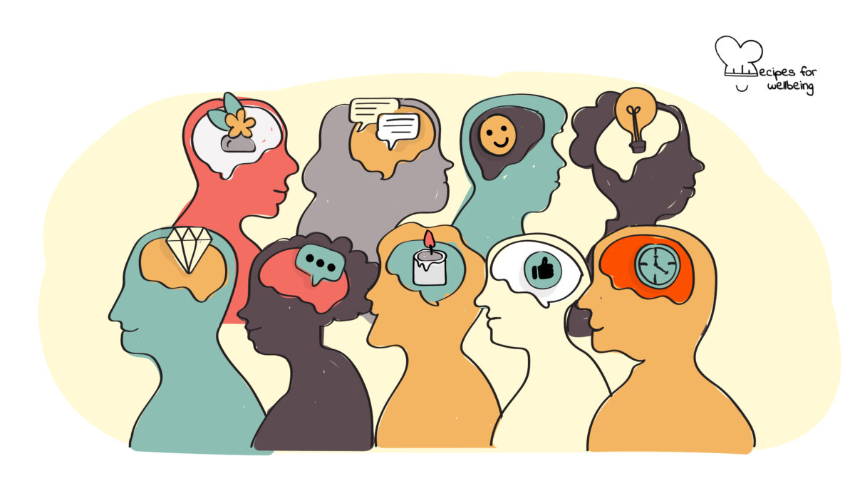 Neurodiversity in the modern workplace Illustration of 9 people with different icons inside their minds to symbolise differences in people's brains. © Recipes for Wellbeing