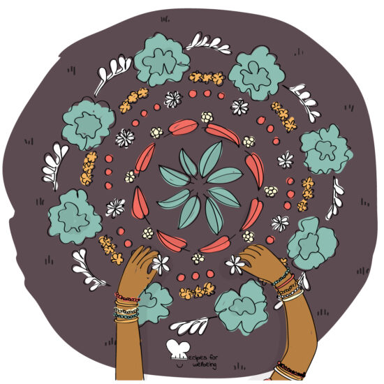 Illustration of a pair of hands completing a mandala with elements from Nature. © Recipes for Wellbeing