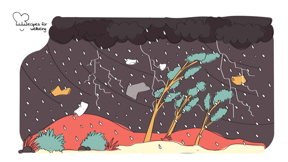 Creating rain storm Illustration of a stormy landscape with lighting, heavy rains, and strong winds. © Recipes for Wellbeing