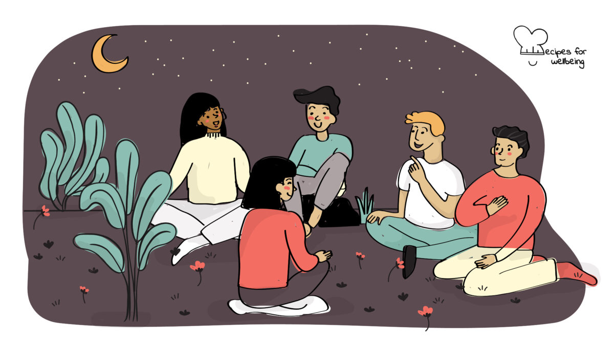 Thanksgiving Address Illustration of five people sitting together outdoors under a starry night. © Recipes for Wellbeing
